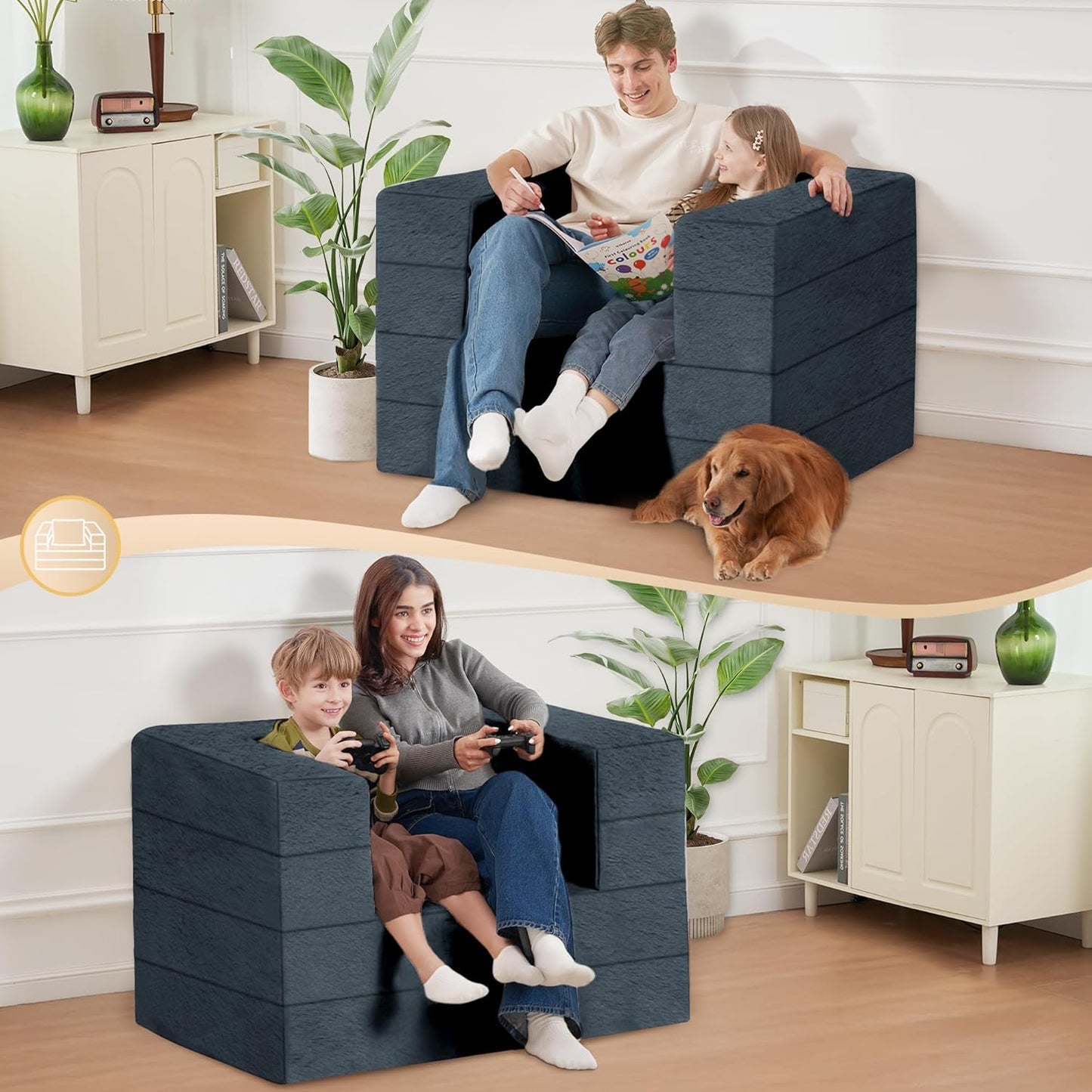 Folding Bean Bag Chair for Adults,3-in-1 Bean Bag Couch Faux Fur Floor Sofa Large Beanbag Convertible Bean Bag Sofa Bed with Pillow in Bedroom,Living Room,Apartment(Twin,Dark Grey)