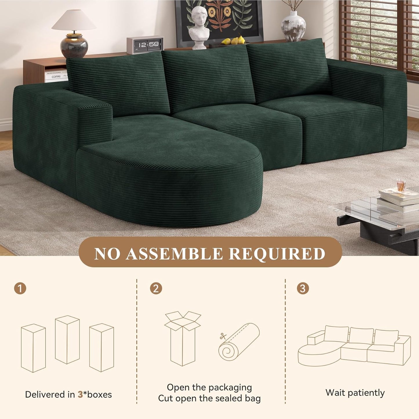 Modular Sectional Sofa with L-Shape Chaise,Cloud Sectional Modern Sleeper Couch with Deep Seat,Sponge Compression Sofas No Assembly Required (Green-Corduroy Fabric) 1PCS
