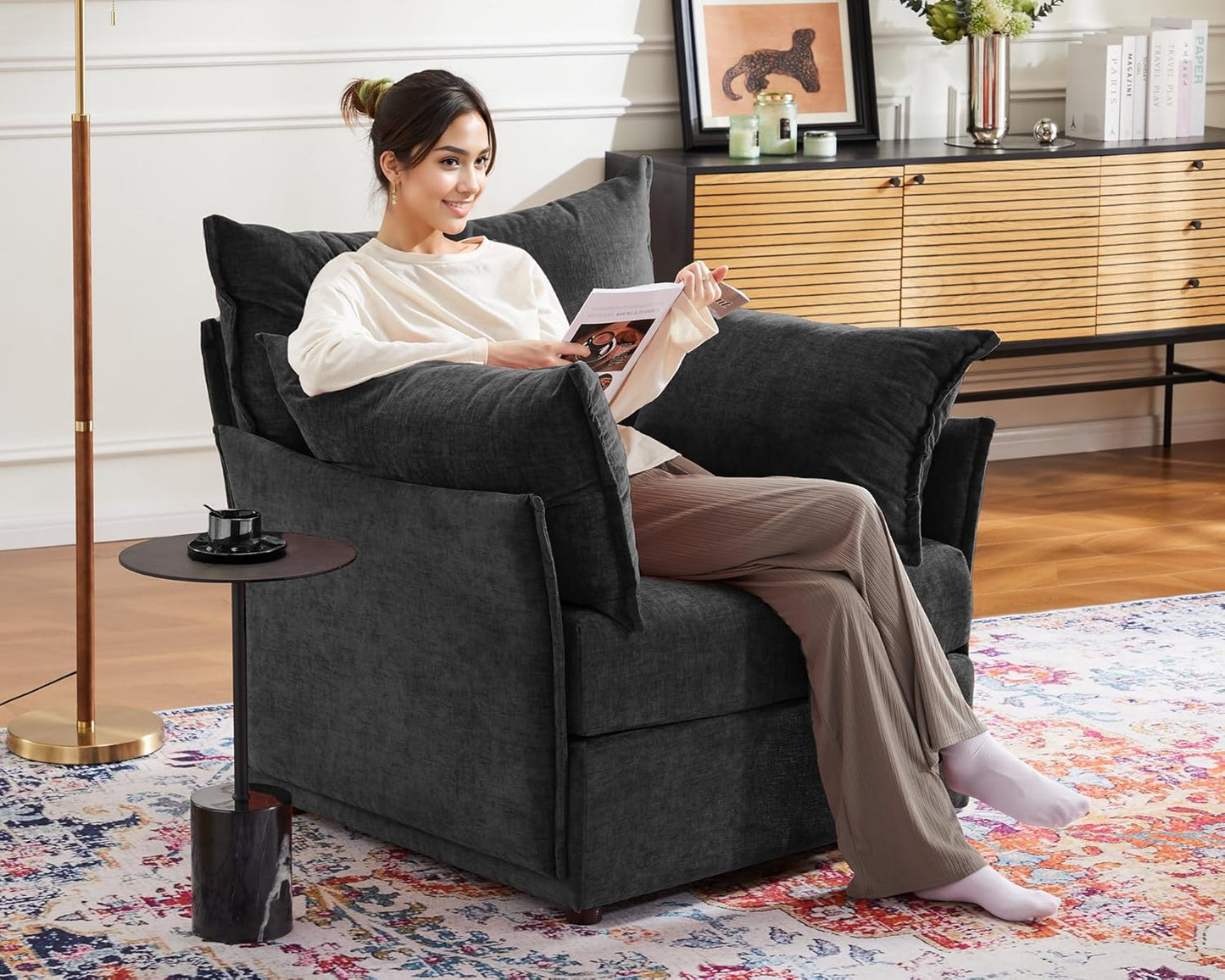 Oversized Accent Chair, Upholstered Modern Sofa Chair with Removable Backrest & Detachable Cover, 24.5" Deep Seat Large Reading Armchair for Living Room Bedroom Office - Chenille Black Set of 2