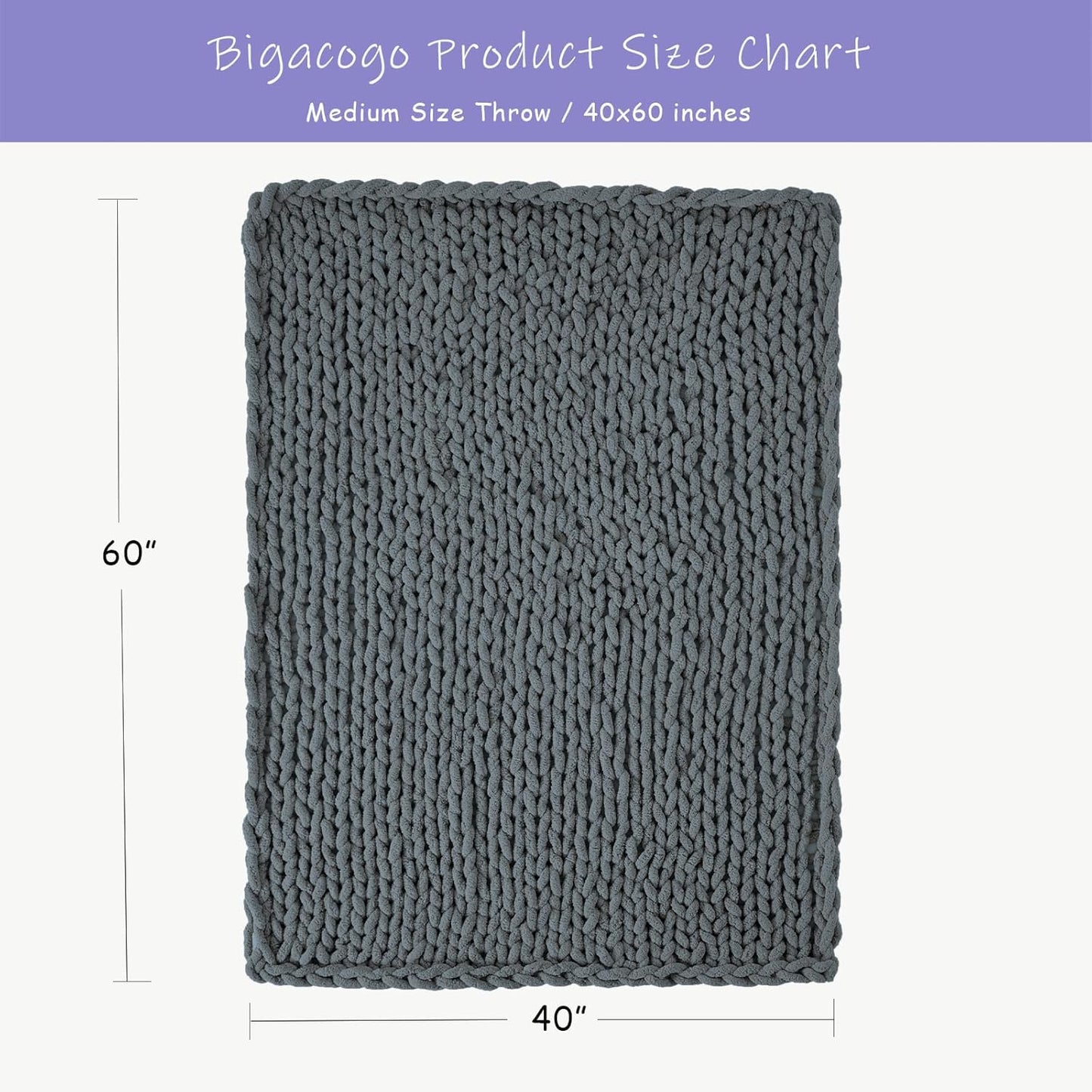 Bigacogo Chunky Knit Throw Blanket for Couch, 40x60 inches, 100% Hand Knitted with Thick Jumbo Chenille Yarn, Cozy Soft Large Rope Knot Cable Crochet Blankets for Sofa Bed Living Room, Iron Gray