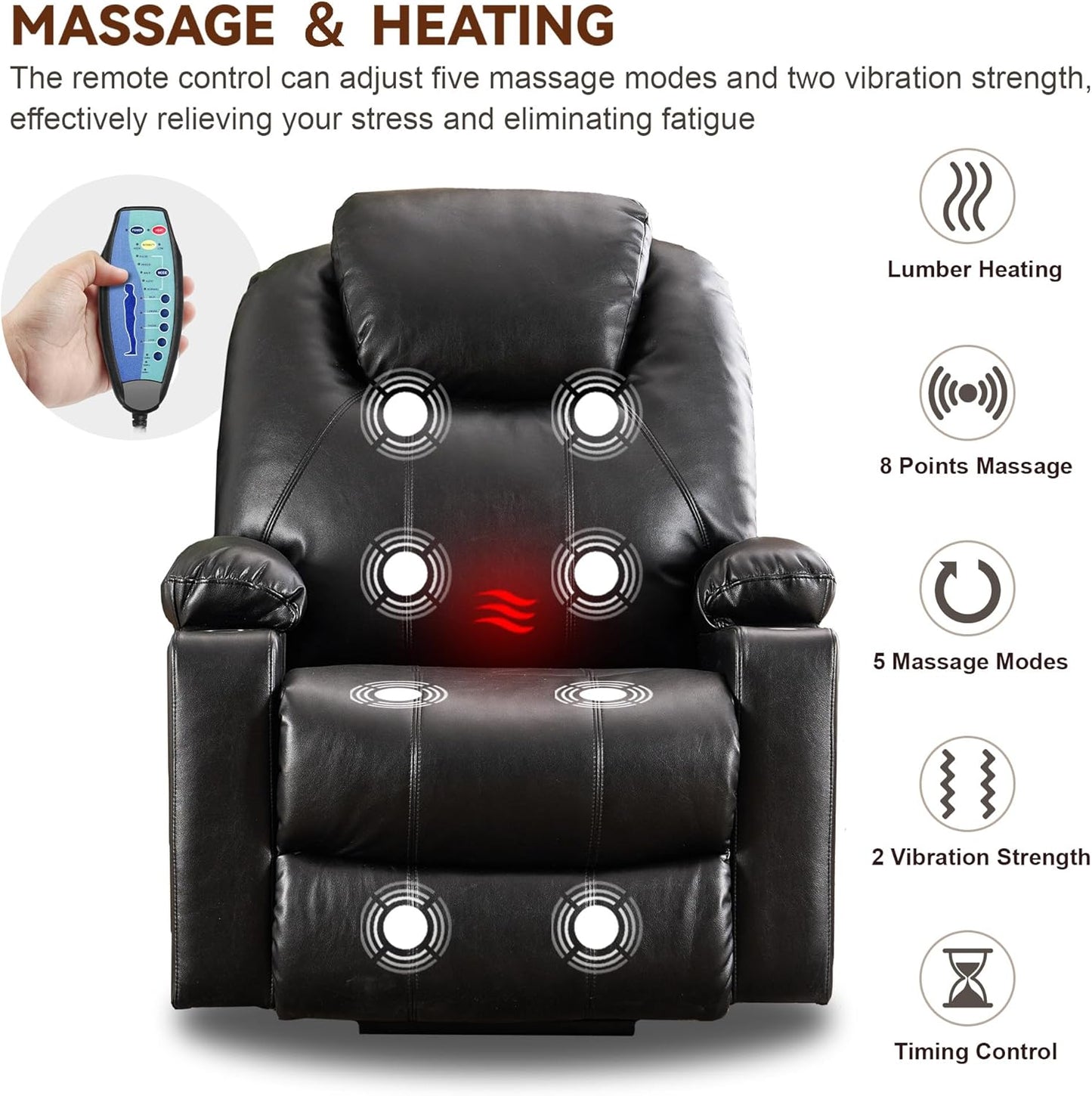 SALOHZA Power Lift Recliner Chair for Elderly with Massage and Heat for Living Room, Electric Recliner Chair for Adults with USB/Type C Port/Cup Holders, PU Faux Leather, Black