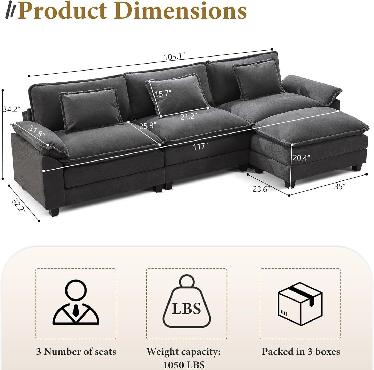 URRED Modular Sectional Sofa Comfy Cloud Couch, Modern Velvet Sofa Sleeper Deep Seat Couches with Ottoman/Pillows for Living Room (Dark Gray, 117''- L Shape)
