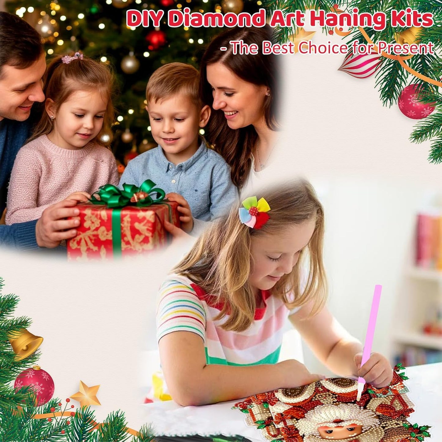 MEIYUDA Christmas Diamond Art Hanging Kits for Adult, Santa Claus Diamond Painting Hanging Kits Ornaments, DIY Special Shaped Rhinestone Window Pendants kit for Home Garden Wall Decor Gift