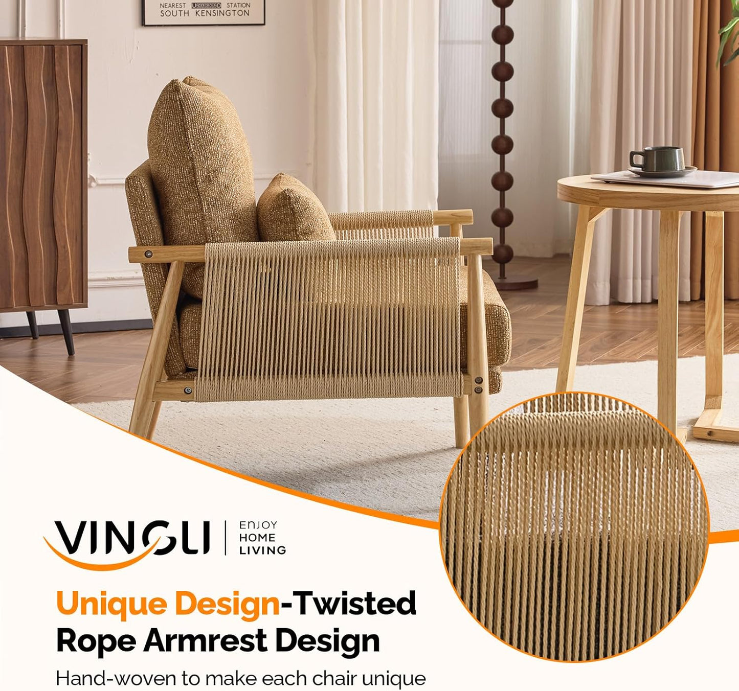 VINGLI Boho Braid Accent Armchairs Set of 2,Mid-Century Modern Chiars with Solid Wooden Armrest,Comfy Louge Cushion Chairs with Waist Pillow for Bedroom,Living Room,Reading Room, Khaki