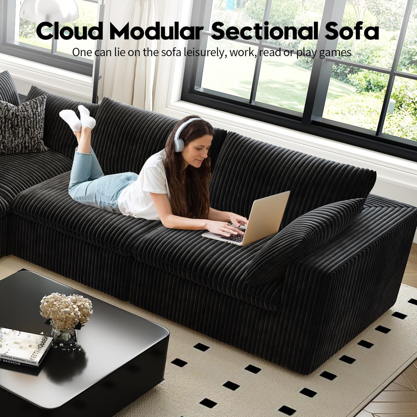 LoveSeat Cloud Couch Modular Sectional Sofa for Living Room,Modern Sofa with Deep Seat，2 Seater Boneless Couch with Ottoman,Comfy Upholstered Couches for Apartment, Studio, Office,Bedroom，Black