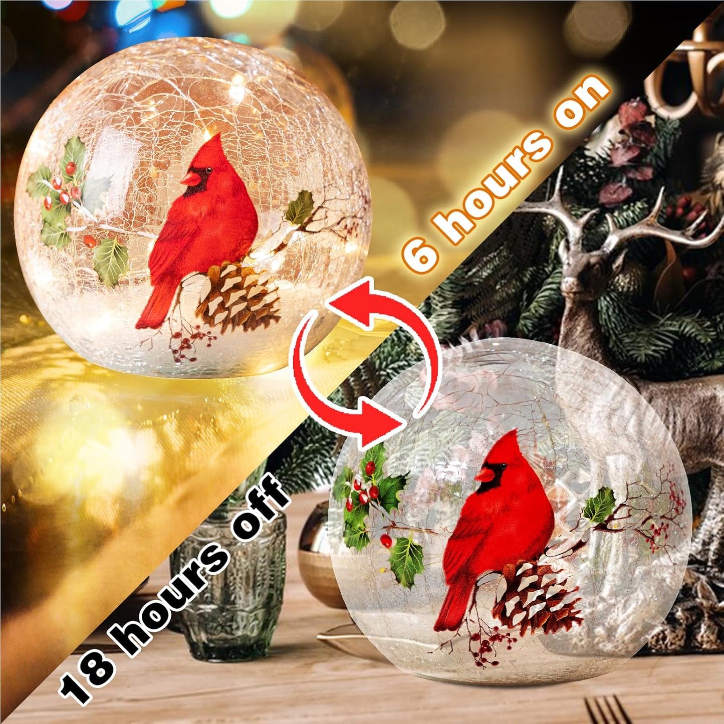 Christmas Decorations Indoor,Glass Globe Cardinal Lamp,Crackle Ball LED Lights Battery Operated,with Timer Snowflake Inside,Red Bird,Night Light for Table Decor (Large)