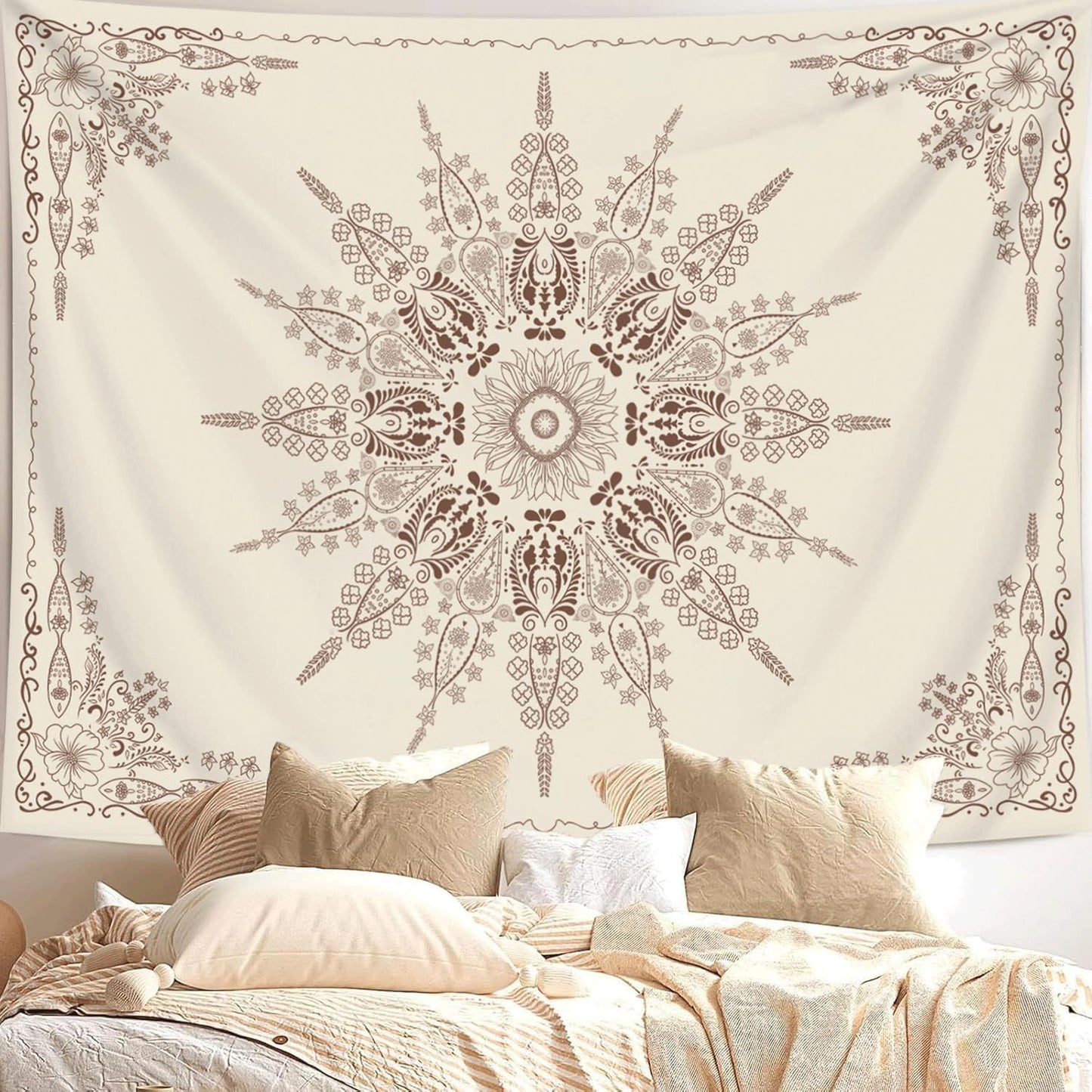 FORATER Floral Bohemian Tapestry, Flower Aesthetic Tapestry Indian Wall Hanging Boho Tapestries Mandala Room Decor for Bedroom Living Room Dorm (Flaxen, 61L x 53W)