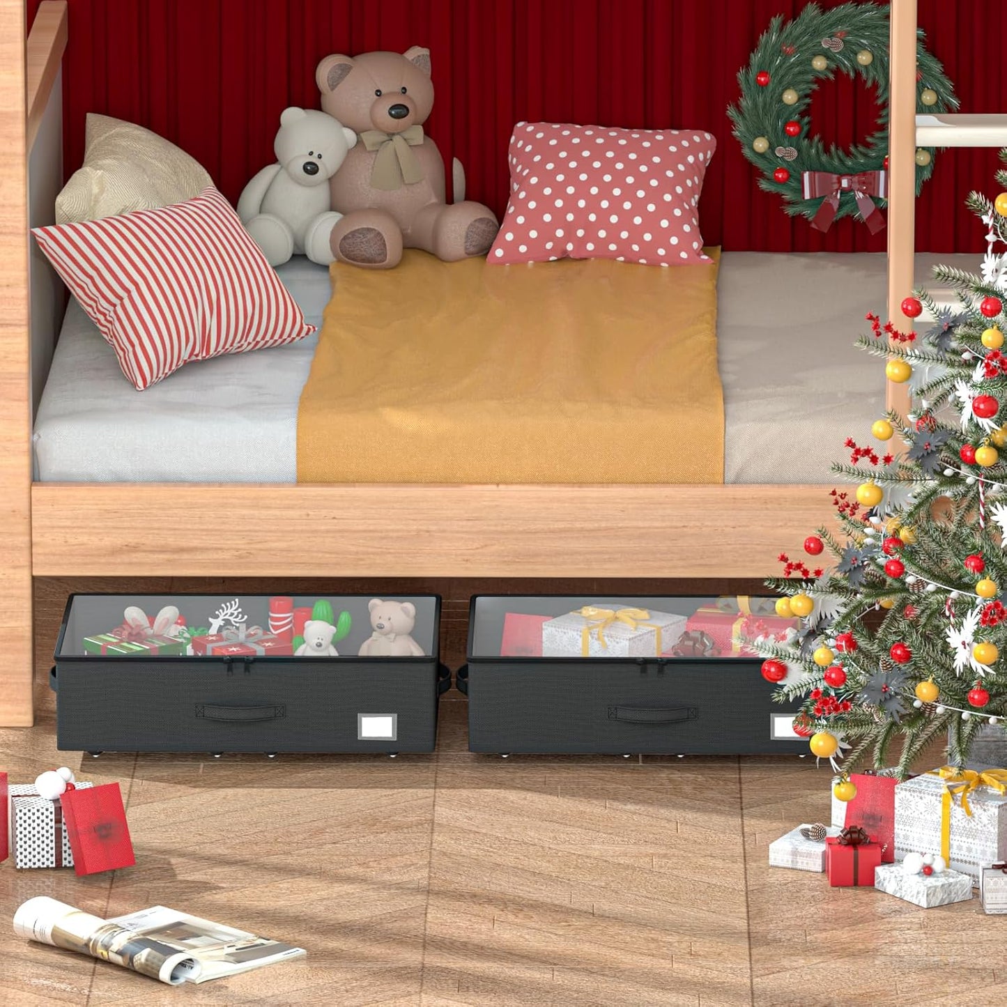 Underbed Storage Bins with Wheels, No Assembly Required - 7.5 inch height Black Large Capacity Rolling Underbed Containers for Shoes, Dorm under bed storage drawers