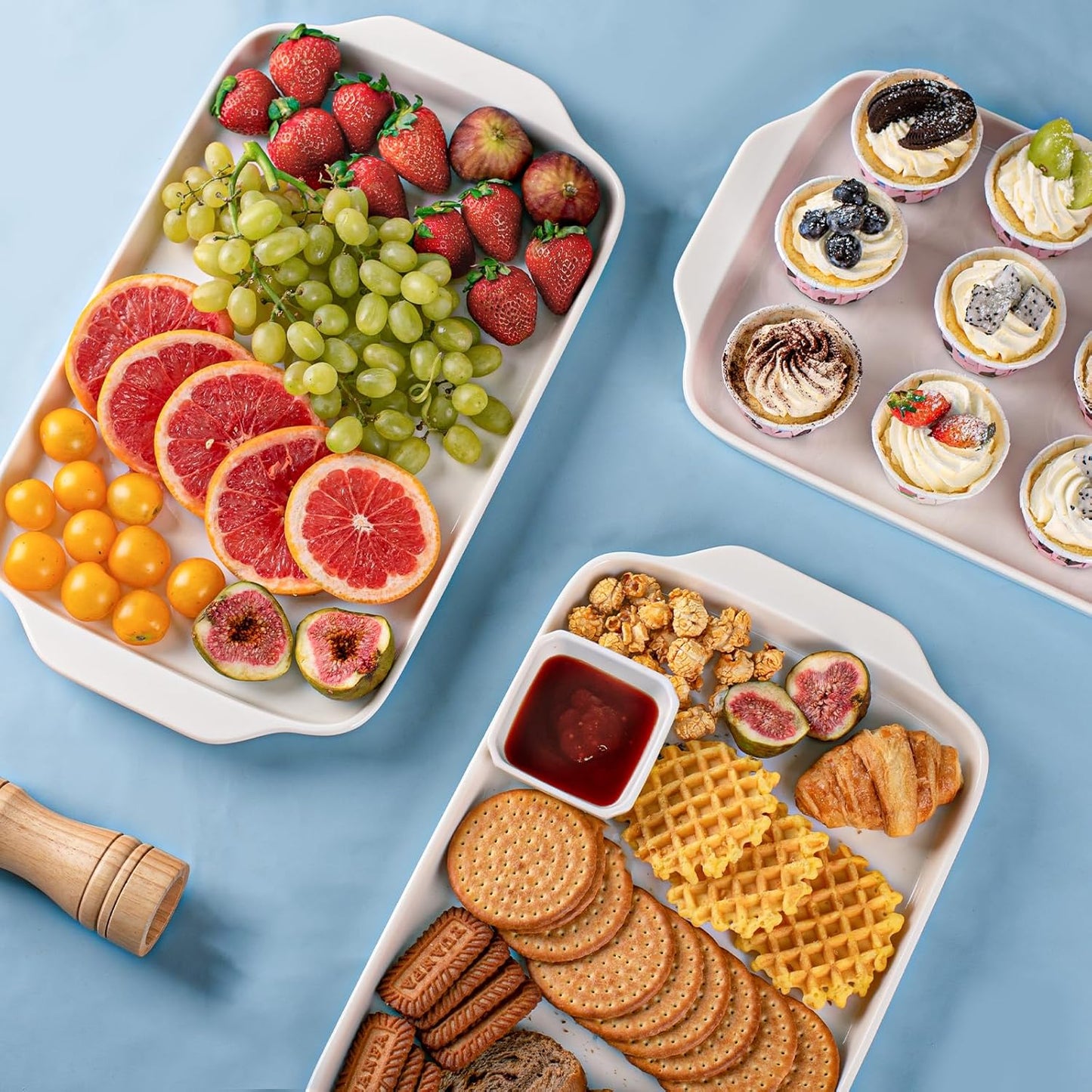 Dizada Large Serving Platter with Handles, 16" x 9" Porcelain Serving Tray, White Rectangular Platters for Entertaining & Serving Food, Serving Trays for Party, Appetizer, Charcuterie - Set of 3