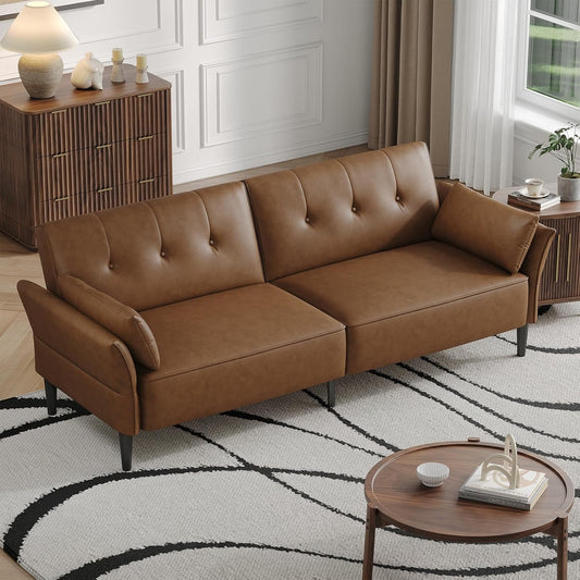 89” Futon Sofa Bed, Faux Leather Futon Couch Bed with 2 Square Pillows, Convertible Sleeper Sofa with Adjustable Backrest& Armrests, Modern Loveseat Sleeper for Living Room, Bedroom, Brown