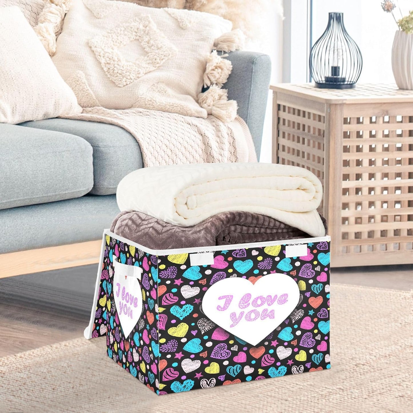 susiyo Colorful Valentines Heart Dark fabric storage baskets with lids,Collapsible Storage Boxes,Foldable storage boxes with handles for Home,Office,Closet Organization