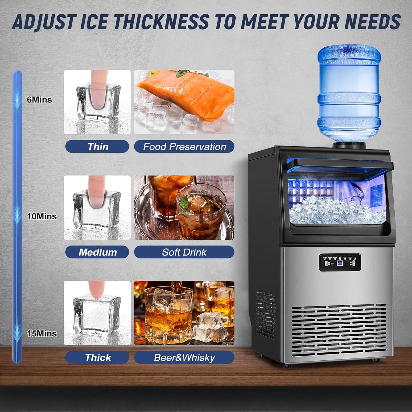 Commercial Ice Maker Machine 100LBS/24H with 20LBS Storage Bin, Gallon Water & Facuet Water Inlet, 36PCS 15" Wide Undercounter/Freestanding Ice Maker Machine for Home Bar Outdoor, Self Cleaning