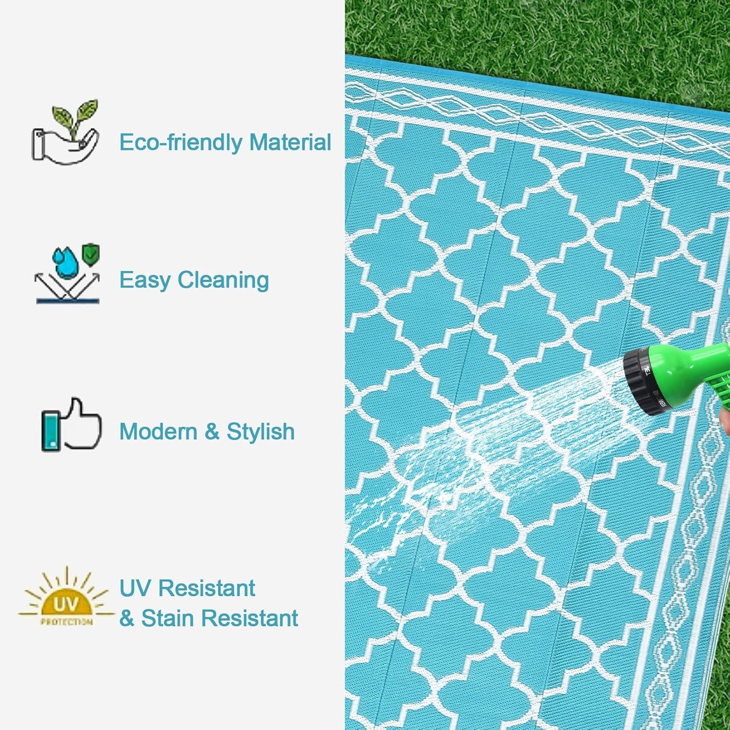 GAOMON Outdoor Plastic Straw Rug, 10'x14' Reversible Sage Green Patio Mat, Flower Modern Design for RV, Backyard, Deck, Camping, Picnic, Teal/White(Geometric)