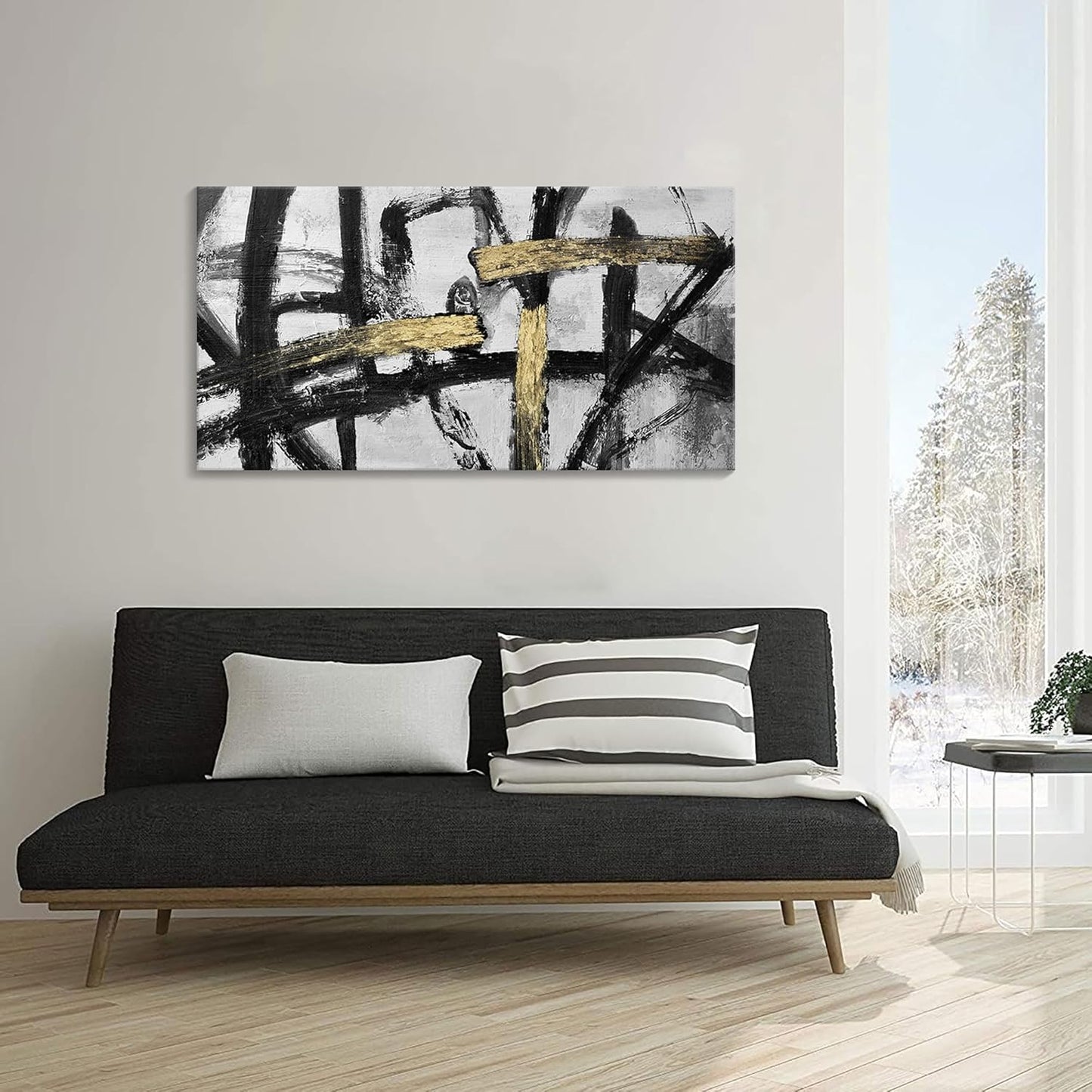 Black White and Gold Wall Art, Modern Paintings Abstract Graffiti Canvas Prints Artwork Black Grey Wall Pictures for Living Room Bedroom Bathroom Home Office Decor 20x40 In