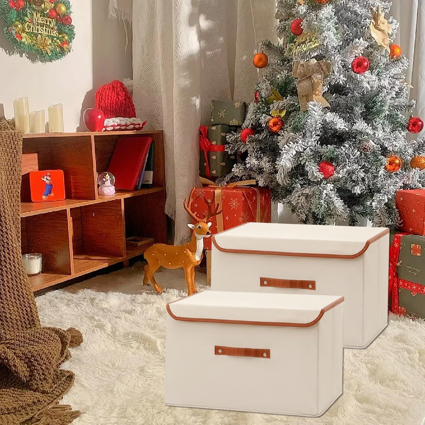 Tuza 2 Pack Large Fabric Storage Bins with Lids, Foldable Storage Boxes with Lids for Organizing, Decorative Storage Boxes with Handles for Home, Bedroom, Closet, Office(Khaki, Extra Large)