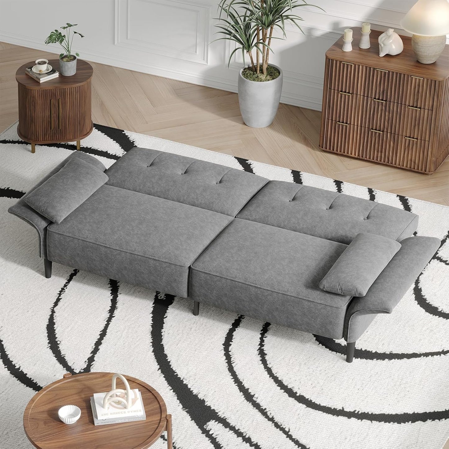 89” Futon Sofa Bed, Comfy Futon Couch Bed with 2 Square Pillows, Convertible Sleeper Sofa with Adjustable Backrest& Armrests, Modern Loveseat Sleeper for Living Room, Bedroom, Light Gray