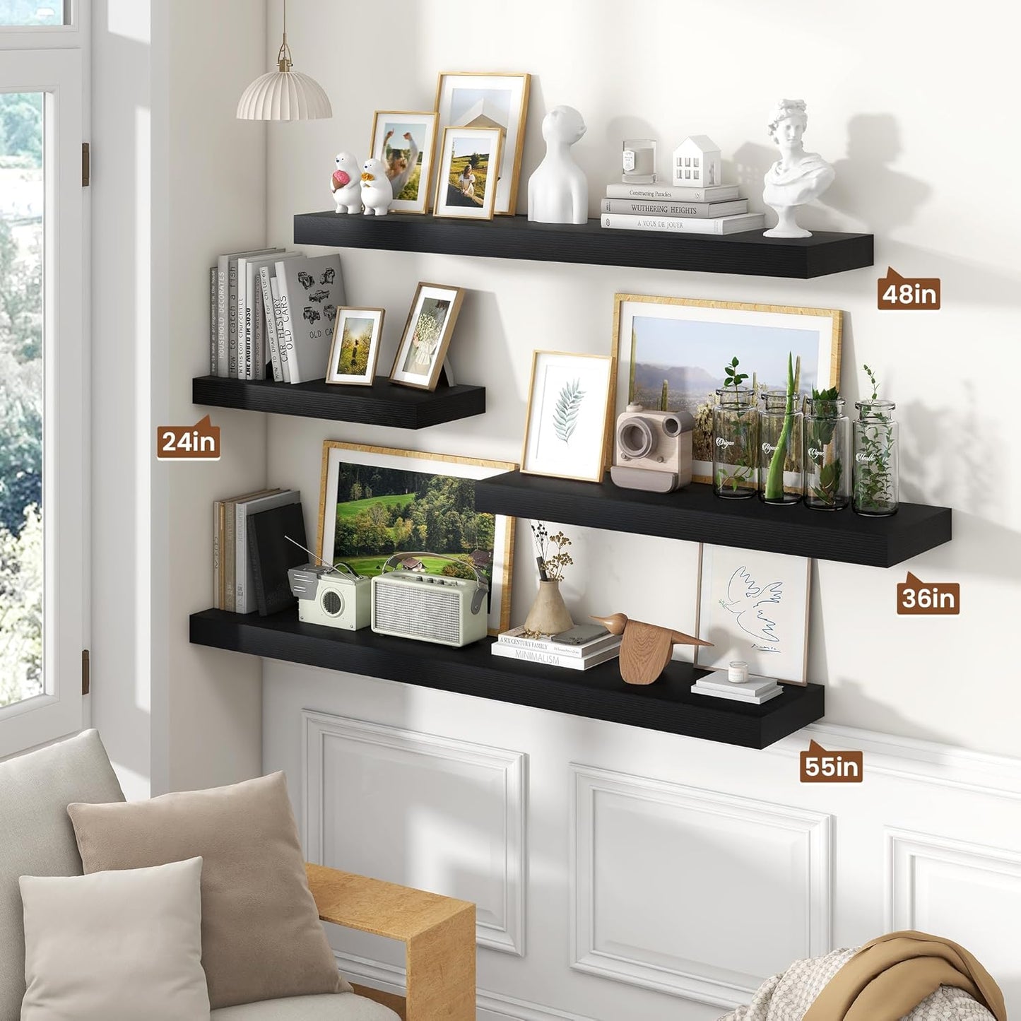 Heimlove 36 Inch Floating Shelves for Wall Set of 2,Black Wall Shelves for Storage & Decor - Heavy Duty with Invisible Brackets,Perfect for Living Room,Bedroom,Home Office