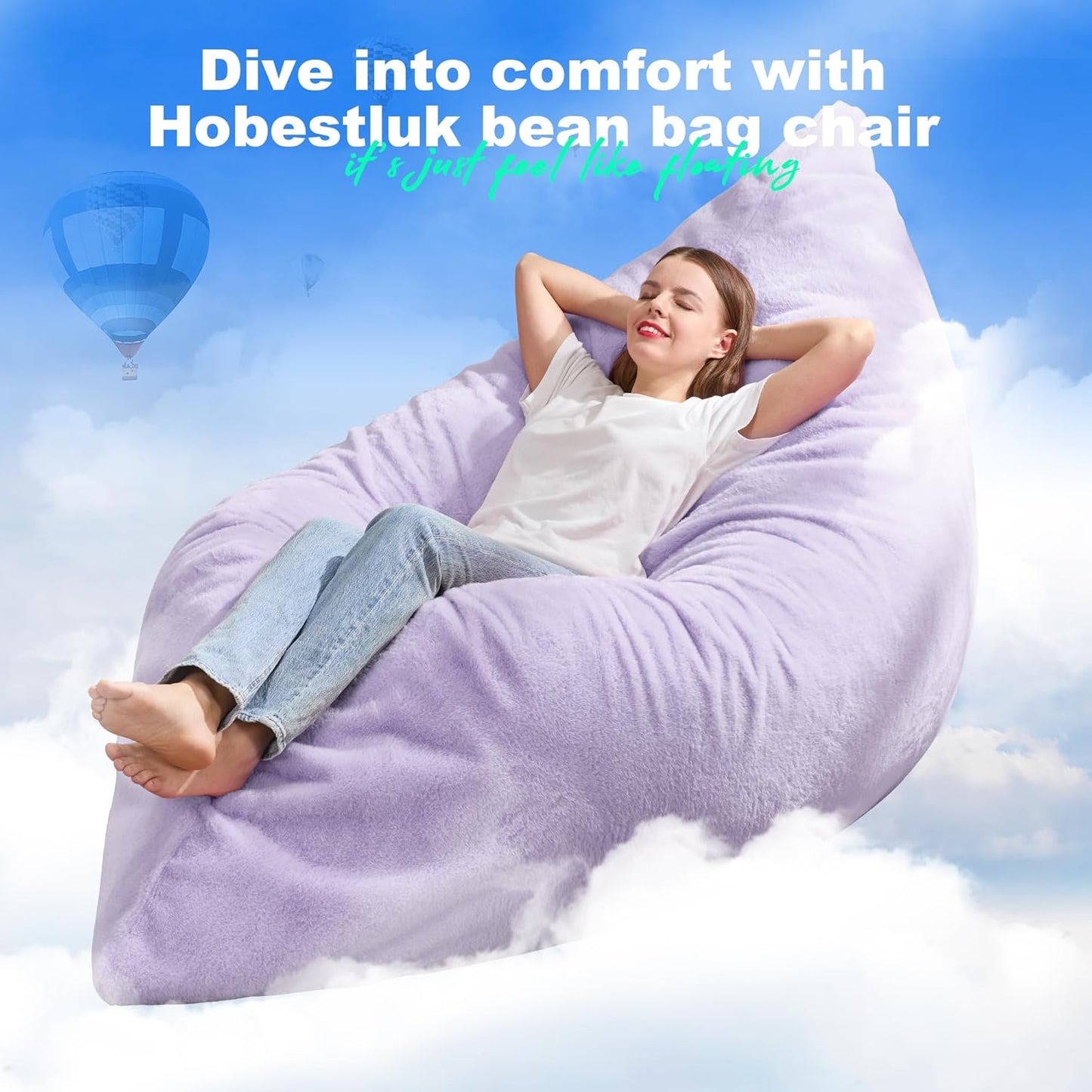 Hobestluk 3 in 1 Bean Bag Chair Giant Bean Bag Chairs for Adults with Plush Faux Fur Cover Convertible Bean Bag Floor Cushion with Machine Washable Cover for Living Room (Plush Purple)