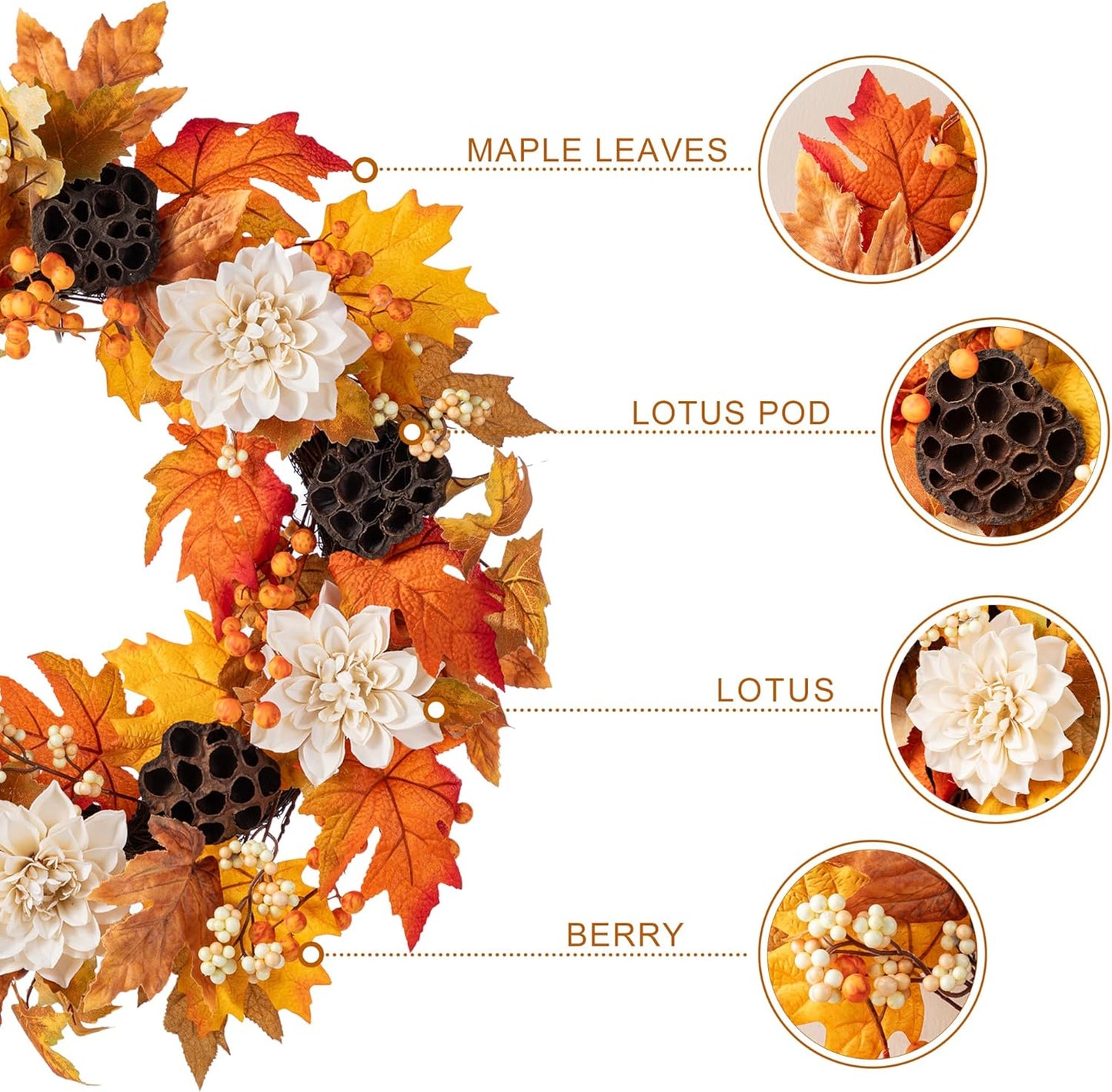 Glitzhome 24" D Fall Sorghum Wreath with Metal Hanger, Harvest Wreath for Front Door, Fall Door Wreaths for Indoor Outdoor Thanksgiving Harvest Holiday Decorations