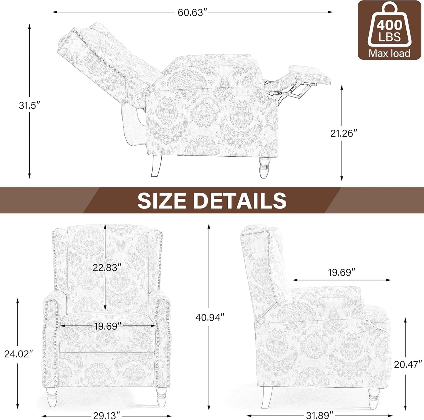 UIXE Recliner Chair, Fabric Upholstered Armchair Pushback Accent Chair for Living Room, Floral Rivet Trim Club Chair Home Theater Single Sofa Reading Seat - Beige Pattern