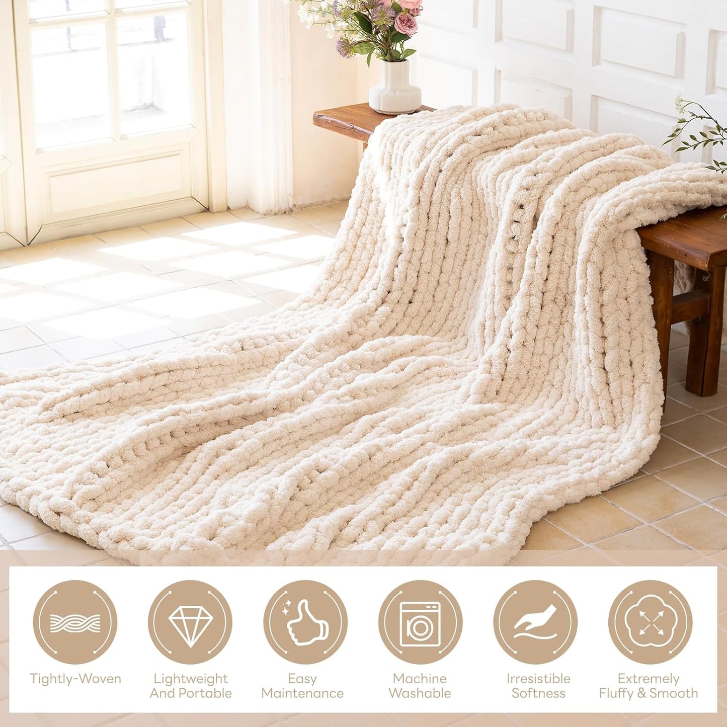 Chunky Knit Blanket - Luxury Soft Cozy 61 * 79 Bold Throw Blanket,100% Woven Blanket Rope Knot Throw Blanket for Couch, Sofa, Home Decor, Gift - Machine Washable（Cream）