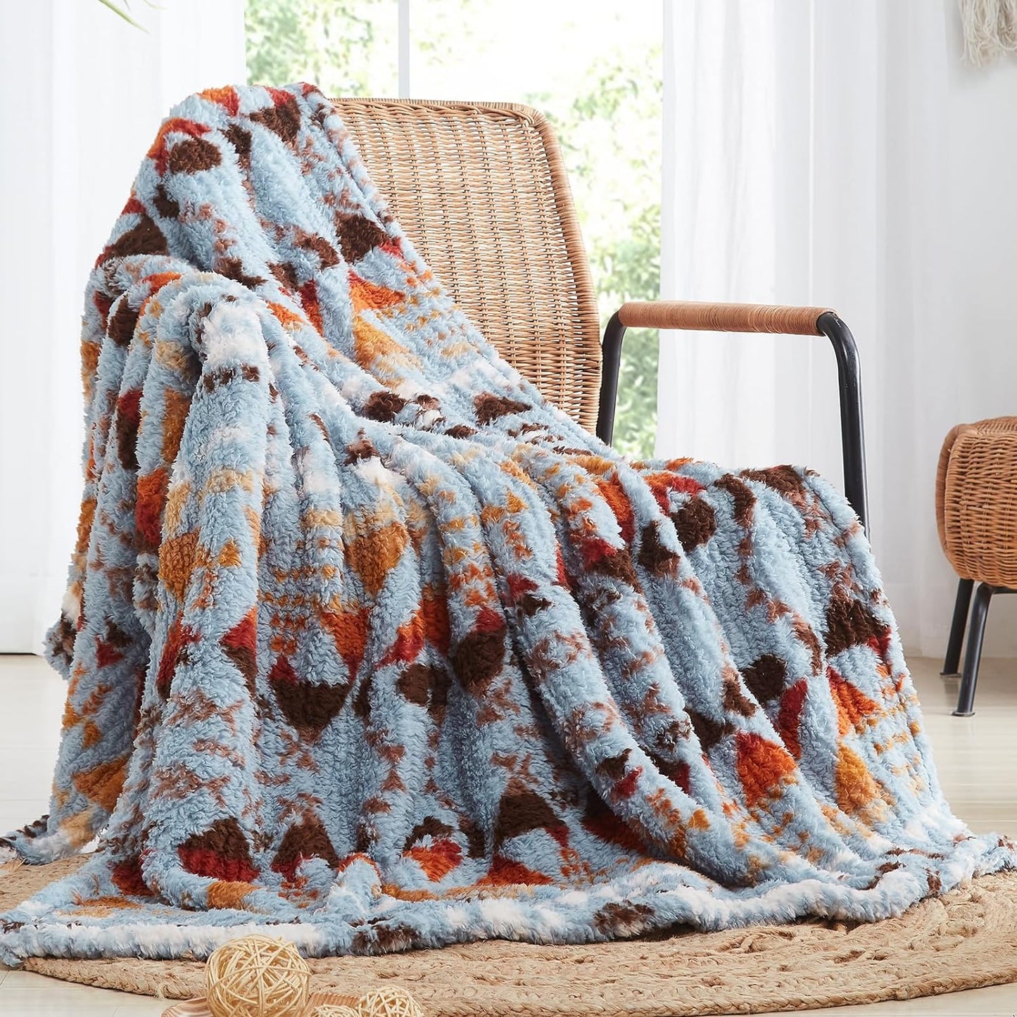 CASAAGUSTO Boho Sherpa Blanket,Teal Aztec Twin Blanket, Ultra Soft, Warm, Cozy, Plush, Thick Fleece Western Blanket for Couch, Bed, Sofa (Blue Grey 60 * 80 Inch)