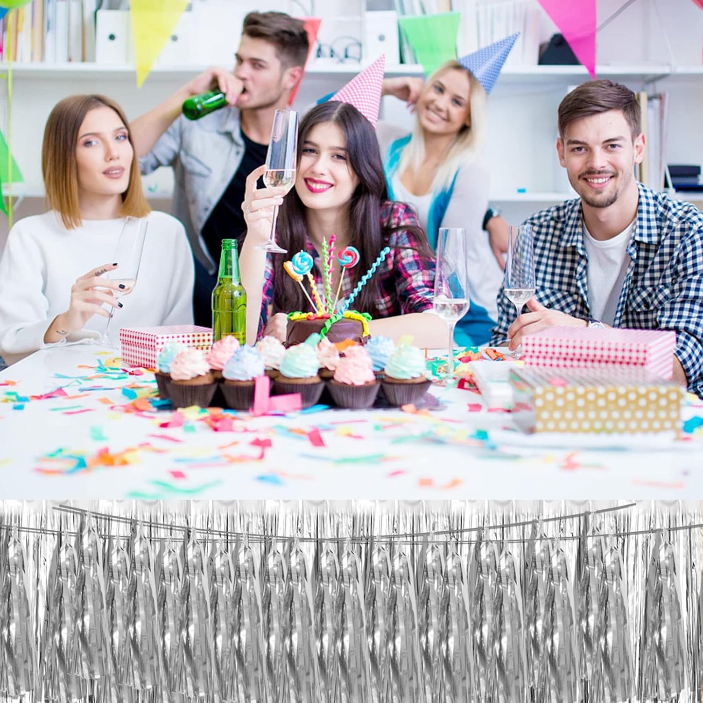 4P Silver Foil Fringe Metallic Tassel Streamers Banner Tassel Garland for Parade Floats, Bachelorette, Wedding, Birthday, Halloween, Christmas, Bridal/Baby Shower Party Decorations