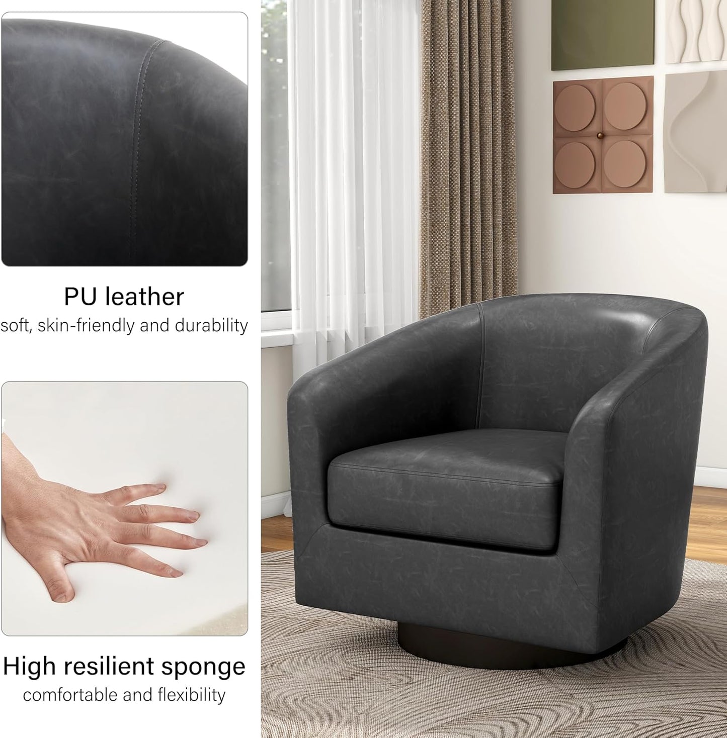 Swivel Barrel Accent Chair, Modern Round Faux Leather Arm Chair for Living Room, Bedroom, Comfy Club Reading Chairs for Adults (Faux Leather, Black Grey, Set of 2)