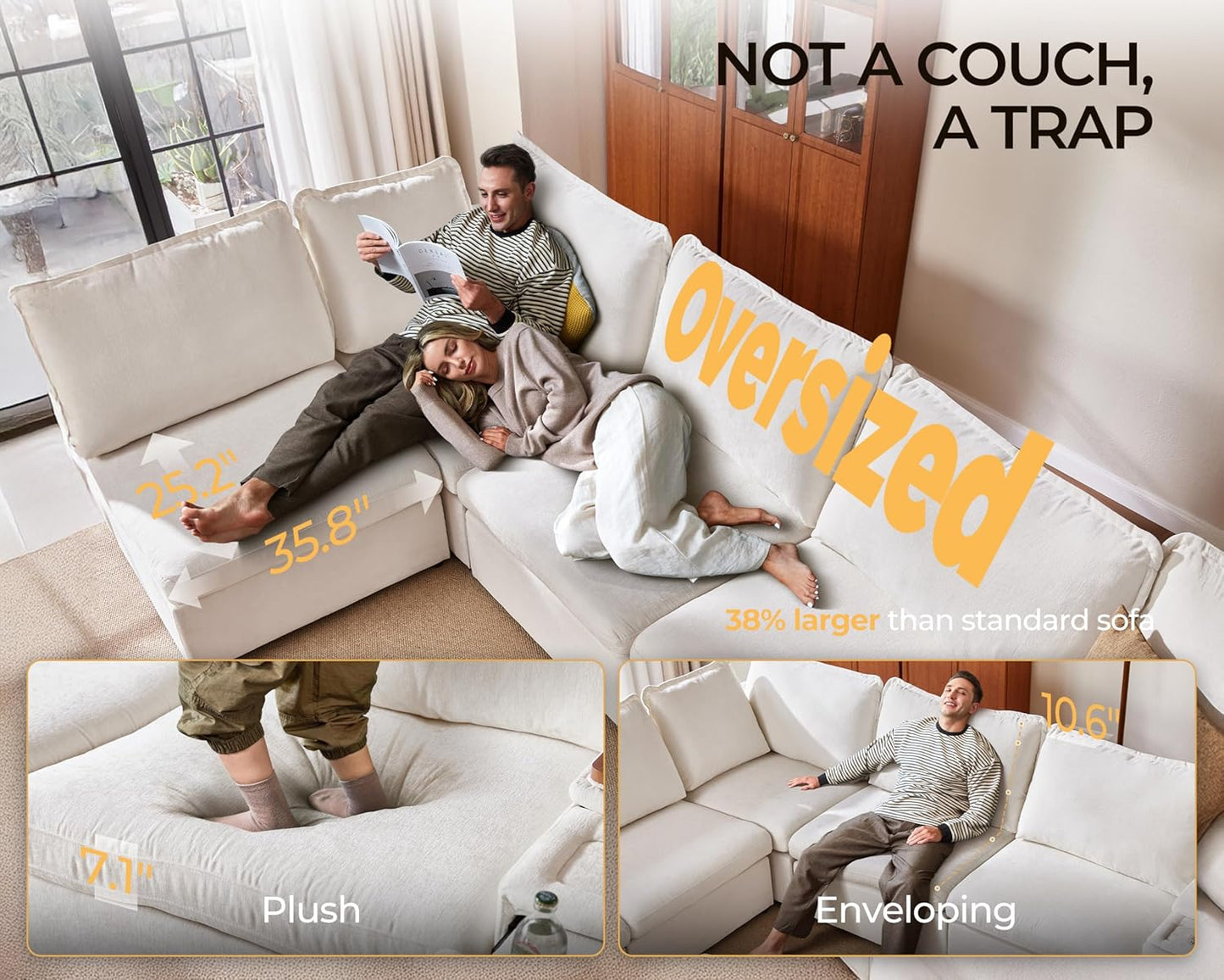 Oversized Modular Sofa Comfy Cloud Couch with Storage, Extra Deep Plush Sectional Sofa Set for Living Room, Covers Washable, Chenille, Olar (White, 6-Seater with 2 Corners, u-Shaped)