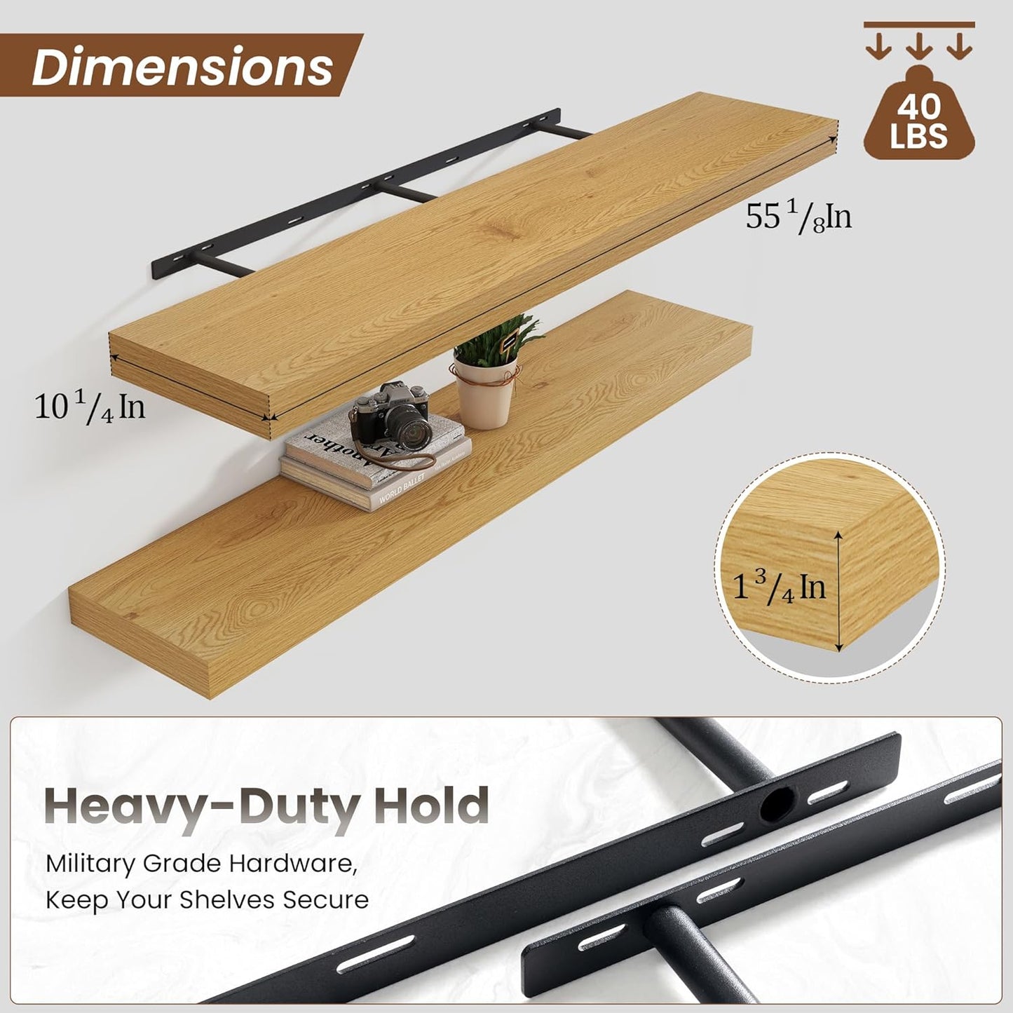 Heimlove 55 Inch Floating Shelves for Wall,10 Deep Large Rustic Wall Shelf with Heavy Duty Brackets,Wall Mounted Storage & Display Shelves for Bedroom,Living Room,Kitchen,Office,Oak Color