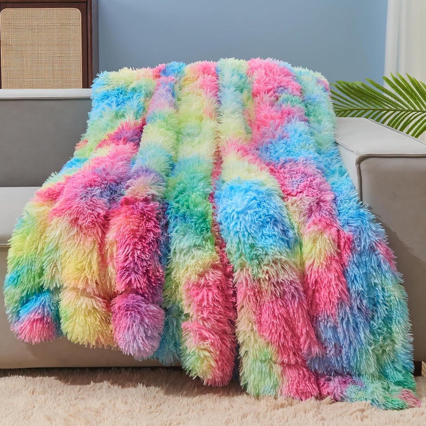 GONAAP Fuzzy Faux Fur Throw Blanket Twin Size Dark Rainbow Super Soft Cozy Plush Fuzzy Shaggy Blanket for Couch Sofa Bed (Dark Rainbow, Twin(60"x80"))