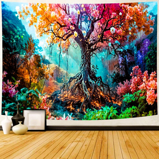 Delur Forest Tapestry Tree of Life Fantasy Tropical Rainforest Tapestry Wall Hanging Colorful Nature Mystical Landscape Psychedelic Spiritual Headboard for Bedroom Living Room Home Decor (51.2" x 59.1")