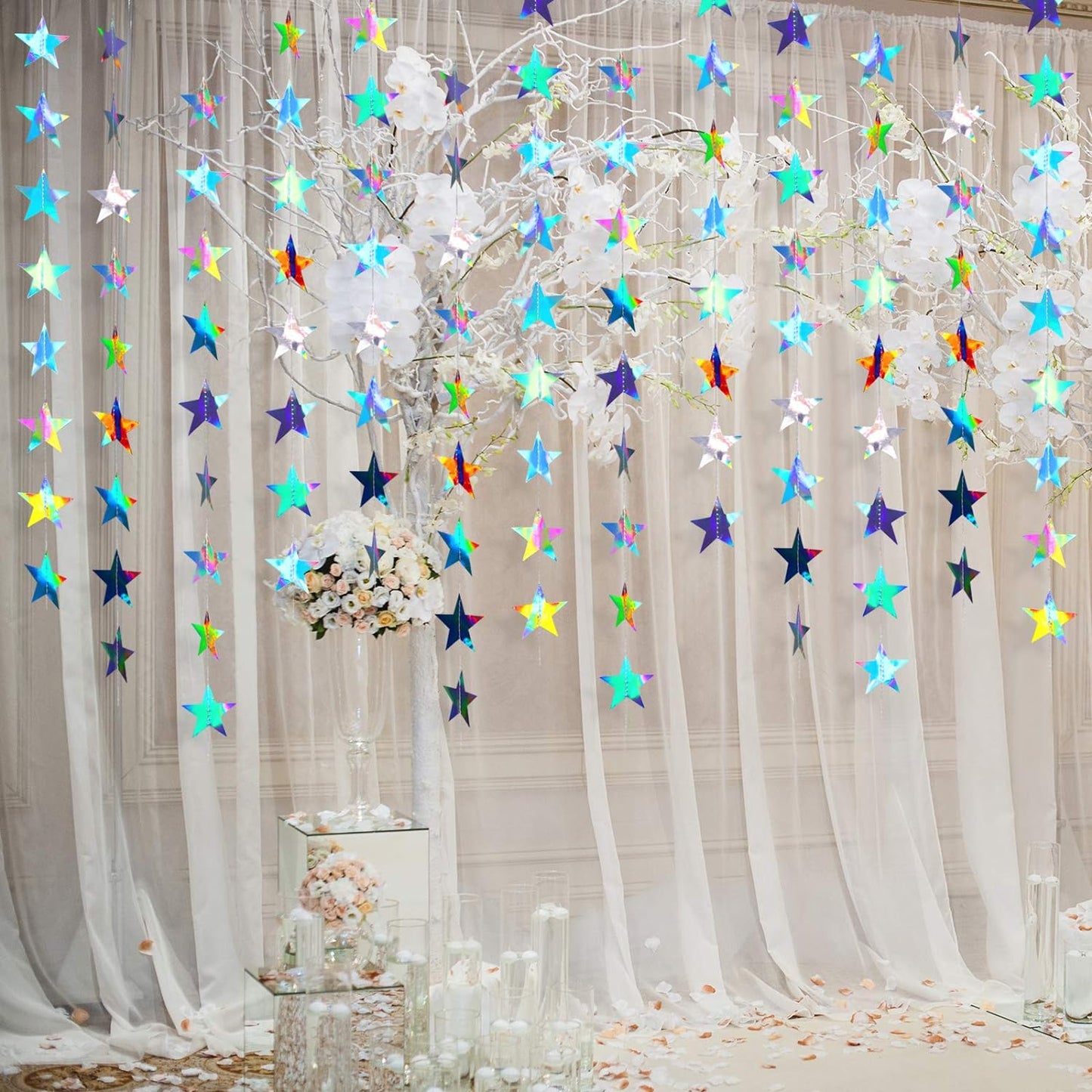 Patelai Glitter Star Garland Banner Decor 130 Feet Star Hanging Bunting Banner Twinkle Backdrop for Homecoming Classroom Wedding Birthday Halloween Christmas Party Supplies(Holographic Iridescent)