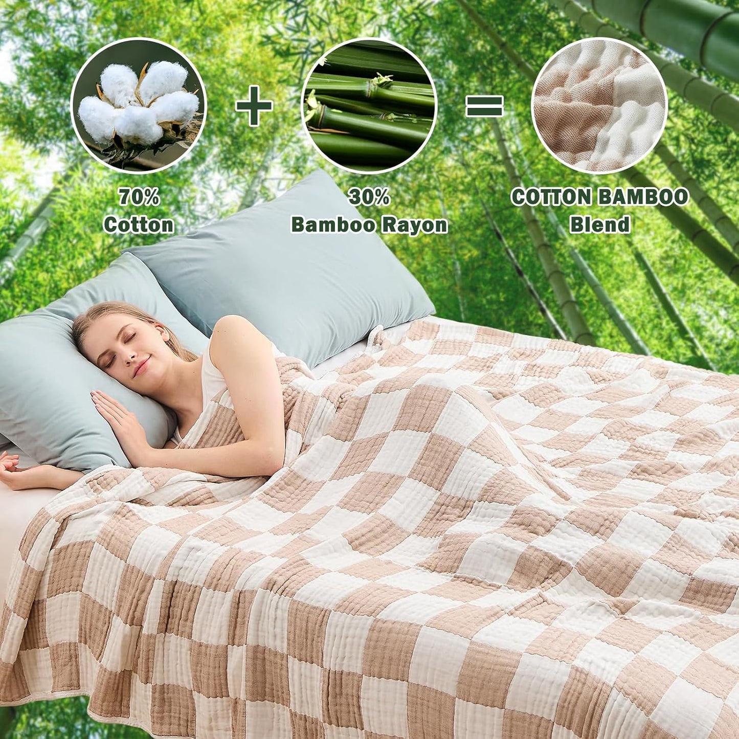 EMME Checkered Cotton Blanket Queen Size for Bed Soft Large Muslin Bed Blankets 80"x90" Lightweight Breathable Cooling All Season Gauze, Light Tan