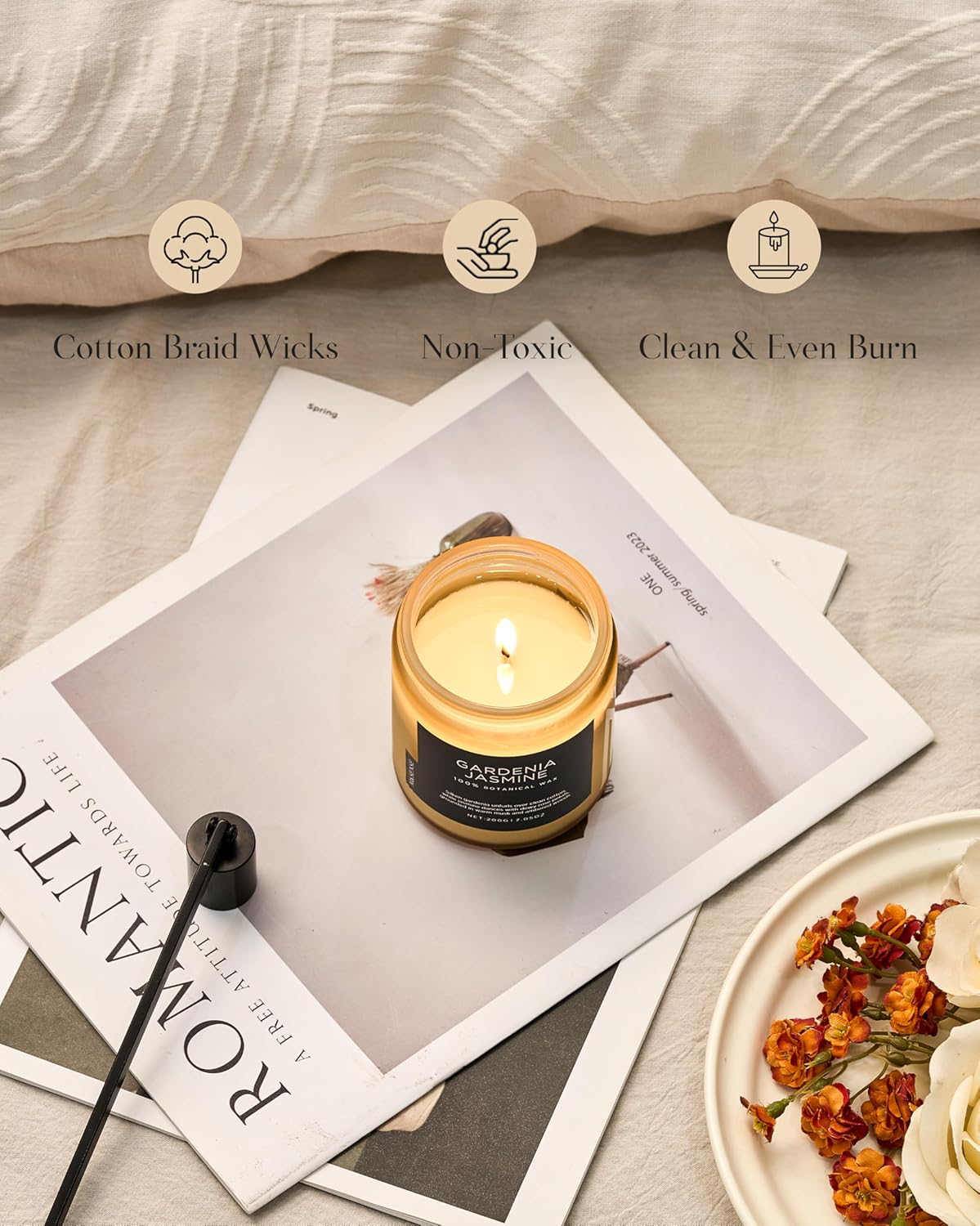 M&SENSE Gardenia Jasmine Scented Candle, 50 Hours Slow Burning Clean Non Toxic 7.05oz 2 Wicks Highly Scented Aromatherapy Candle for Housewarming Gifts, Long Lasting Fragrance for Bath & Office