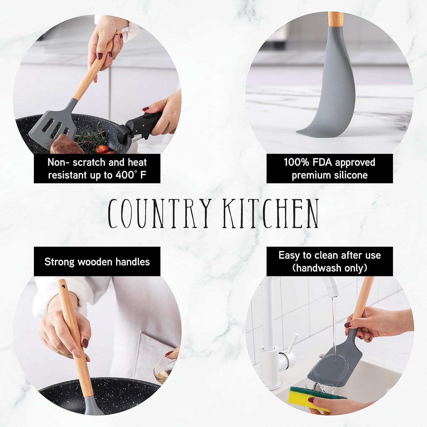 Country Kitchen Non Stick Silicone Utensil Set with Rounded Wood Handles for Cooking and Baking, 14 Piece Set, Gray