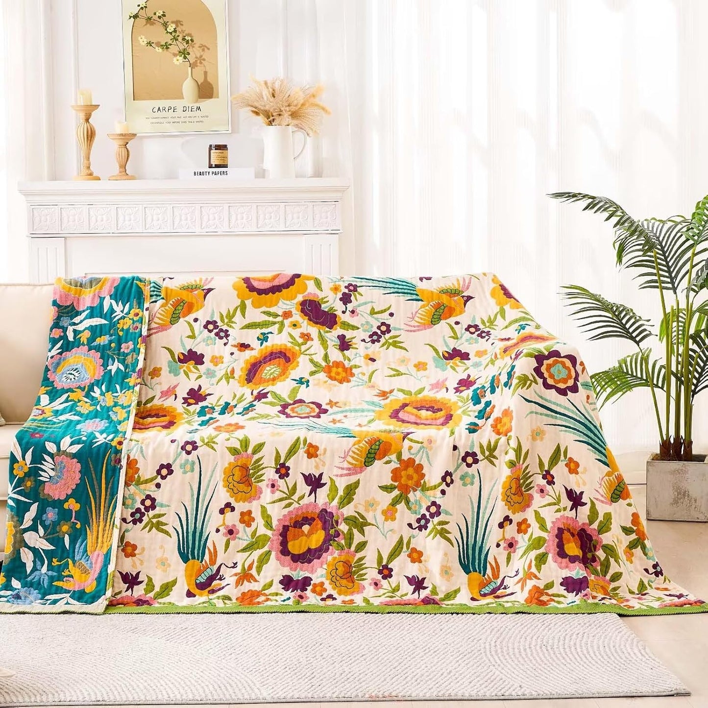 Boho Throw Blanket for Bed, 100% Cotton Soft Rustic Quilt Fall Blanket, 50"x60" Colorful Floral Printed Farmhouse Decor Bed Blankets, All Season Rustic Reversible Bohemian Throw Quilt