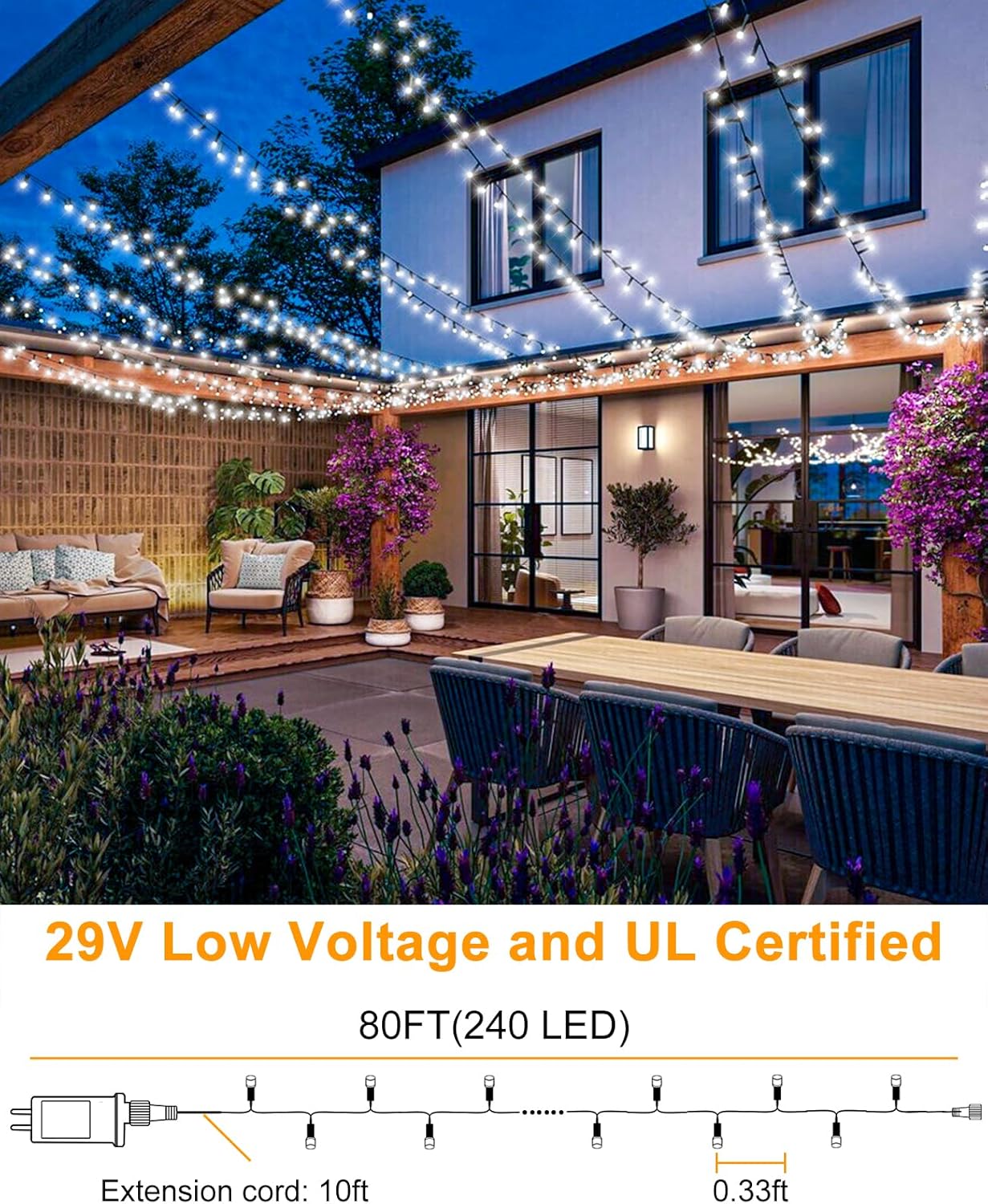 Christmas String Lights, 80FT 240 LED Connectable Christmas Lights Outdoor Green Wire with 8 Modes, Plug in Waterproof Christmas Decorations Indoor for Patio Tree Garden, White