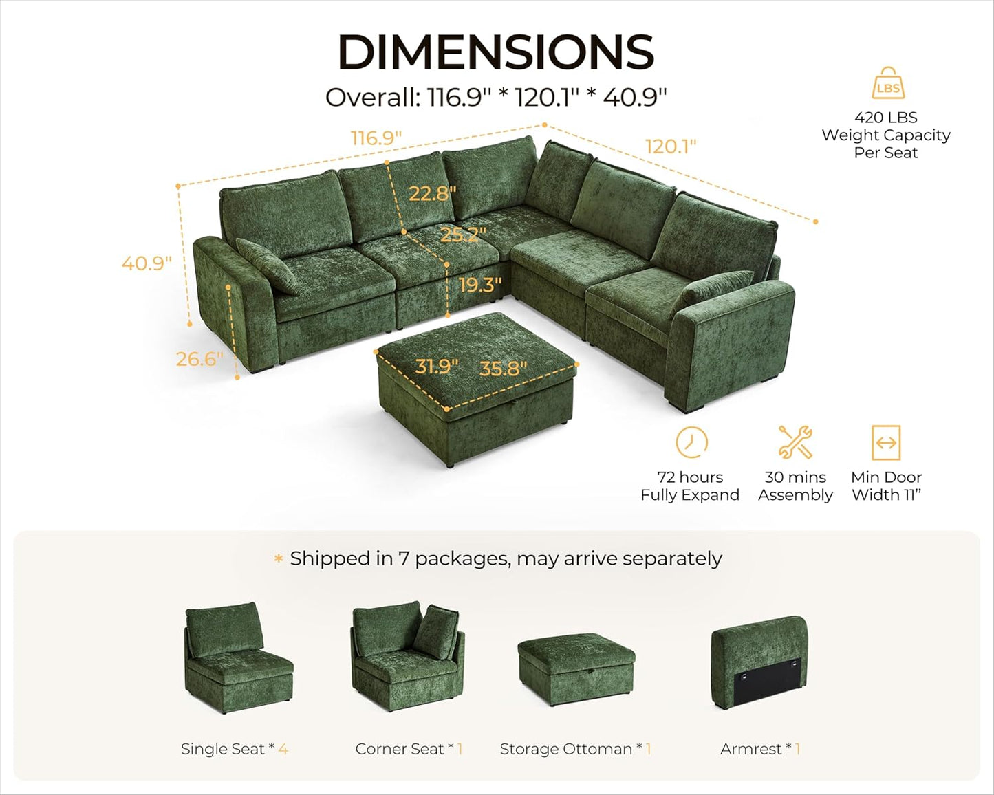 Oversized Modular Sofa Comfy Cloud Couch with Storage, Extra Deep Plush Sectional Sofa Set for Living Room, Covers Washable, Chenille, Olar (Green, 6-seatser with Corner & Ottoman, v-Shaped)