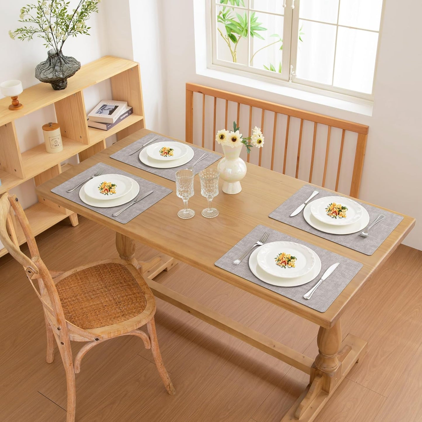 FROMHEART Faux Leather Placemats Set of 12–Waterproof,Heat/Oil Stain-Resistant PU Table Mat–Reversible,Non-Slip,Easy to Clean Place Mats for Kitchen,Dining,Indoor/Outdoor,(Light Grey,11.8" x 17")