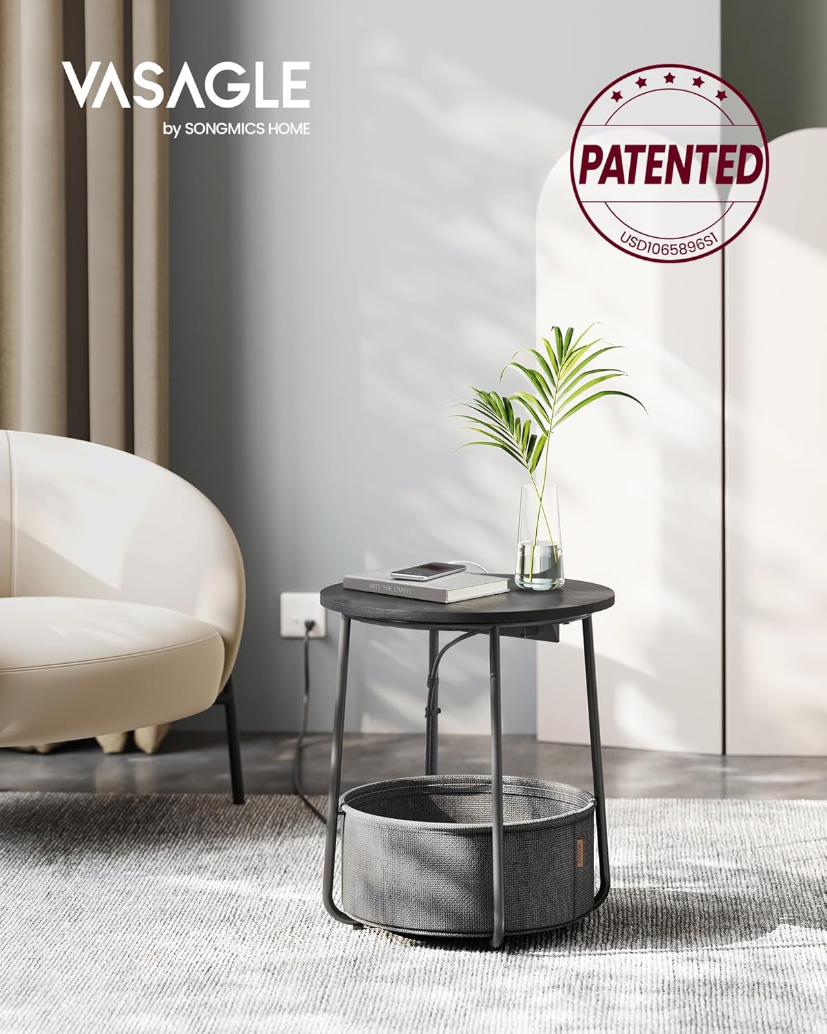 VASAGLE Side Table with Charging Station, Round End Table with Fabric Basket, Nightstand with Power Outlets, USB Ports, for Living Room, Bedroom, Modern, Ebony Black and Slate Gray ULET228B01