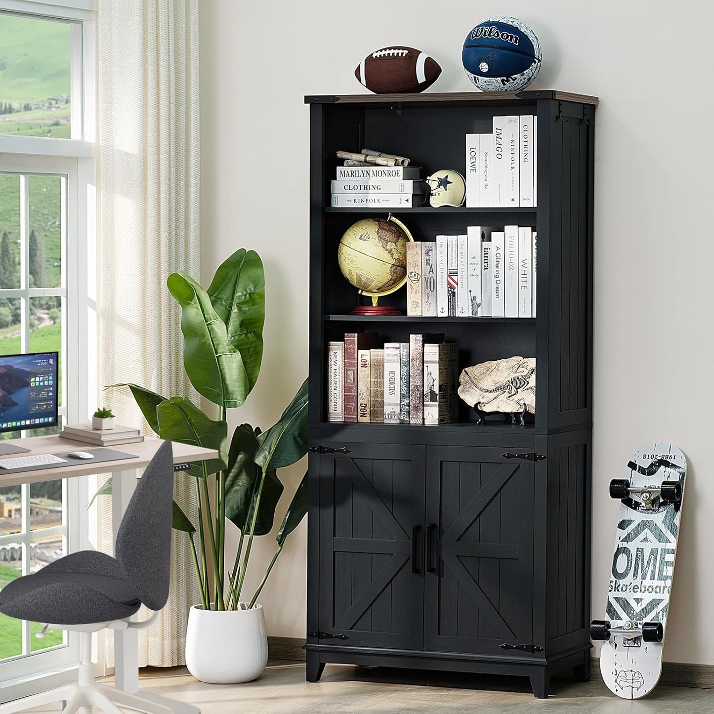 70in Tall Bookshelf 5 Tier Bookcase with Barn Doors and Adjustable Shelves, Black Farmhouse Book Shelf with Storage Cabinet, Wood Freestanding Display Bookshelves for Bedroom, Living Room