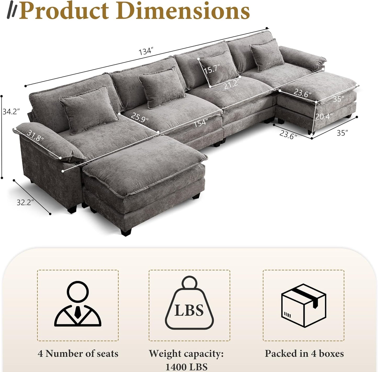 URRED Modular Sectional Sofa Comfy Cloud Couch, Modern Chenille Sofa Sleeper Deep Seat Couches with Ottoman/Pillows for Living Room (Gray, 154'' - U Shape)