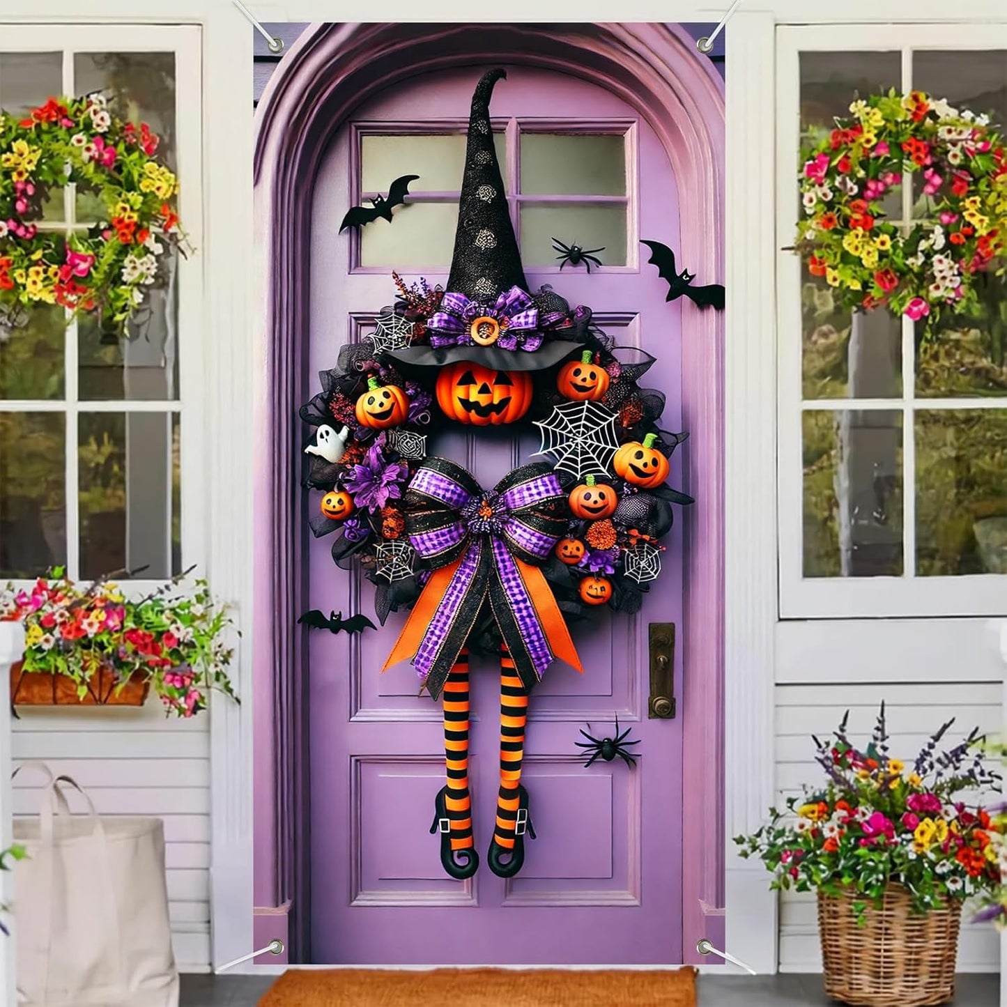 Halloween Witch Wreath Door Cover 71x35 Inch Holiday Front Porch Door Banners Decoration Purple Pumpkin Spider Web Bat Background Hanging Banner for Indoor Outdoor Spooky Party Decor