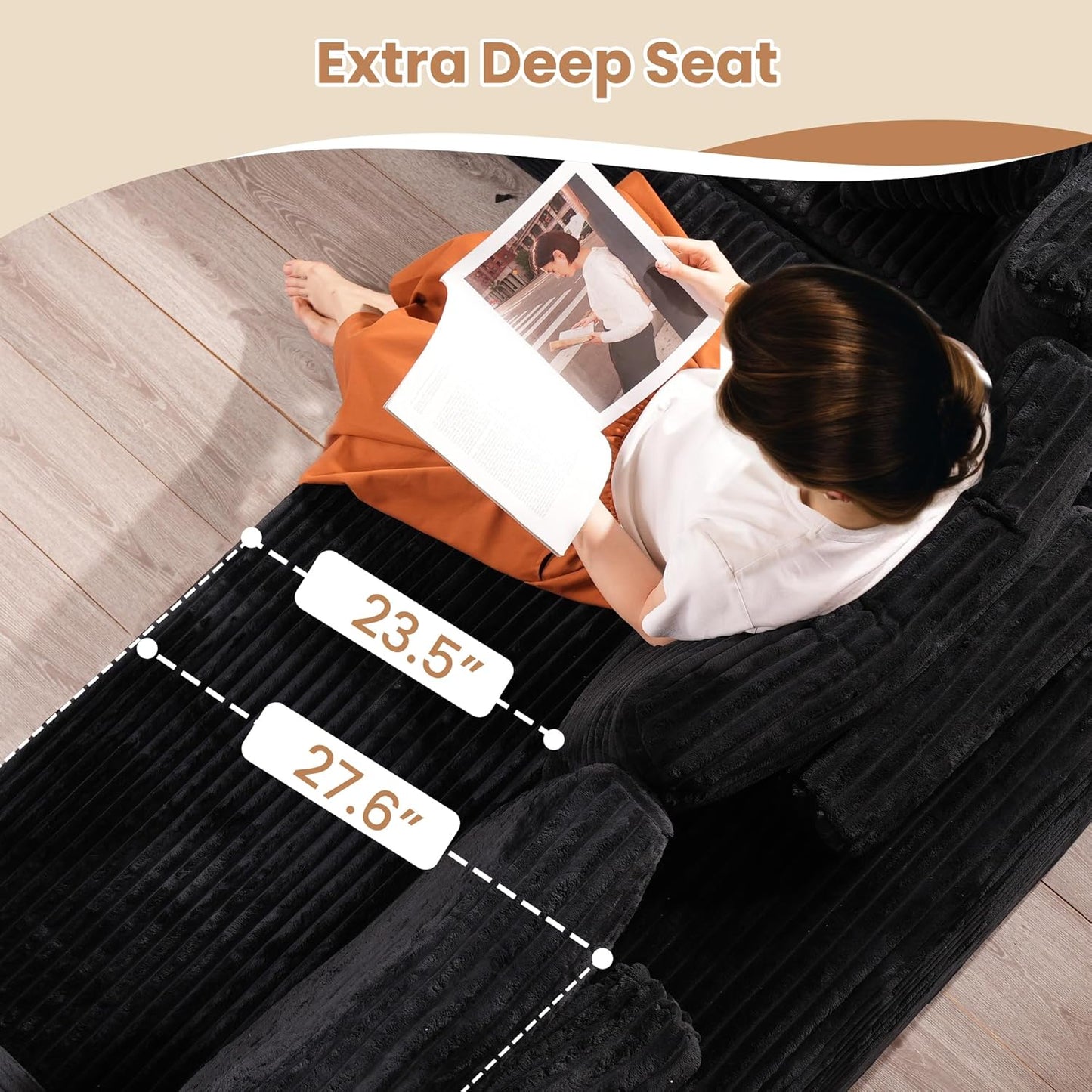 HOOOWOOO Cloud Sectional Couches for Living Room,Modular Sectional Sofa No Assembly,133X70 Inch Plush Corduroy Large U Shaped Floor Couch Set with Deep Seat Chaise Lounge(Black)