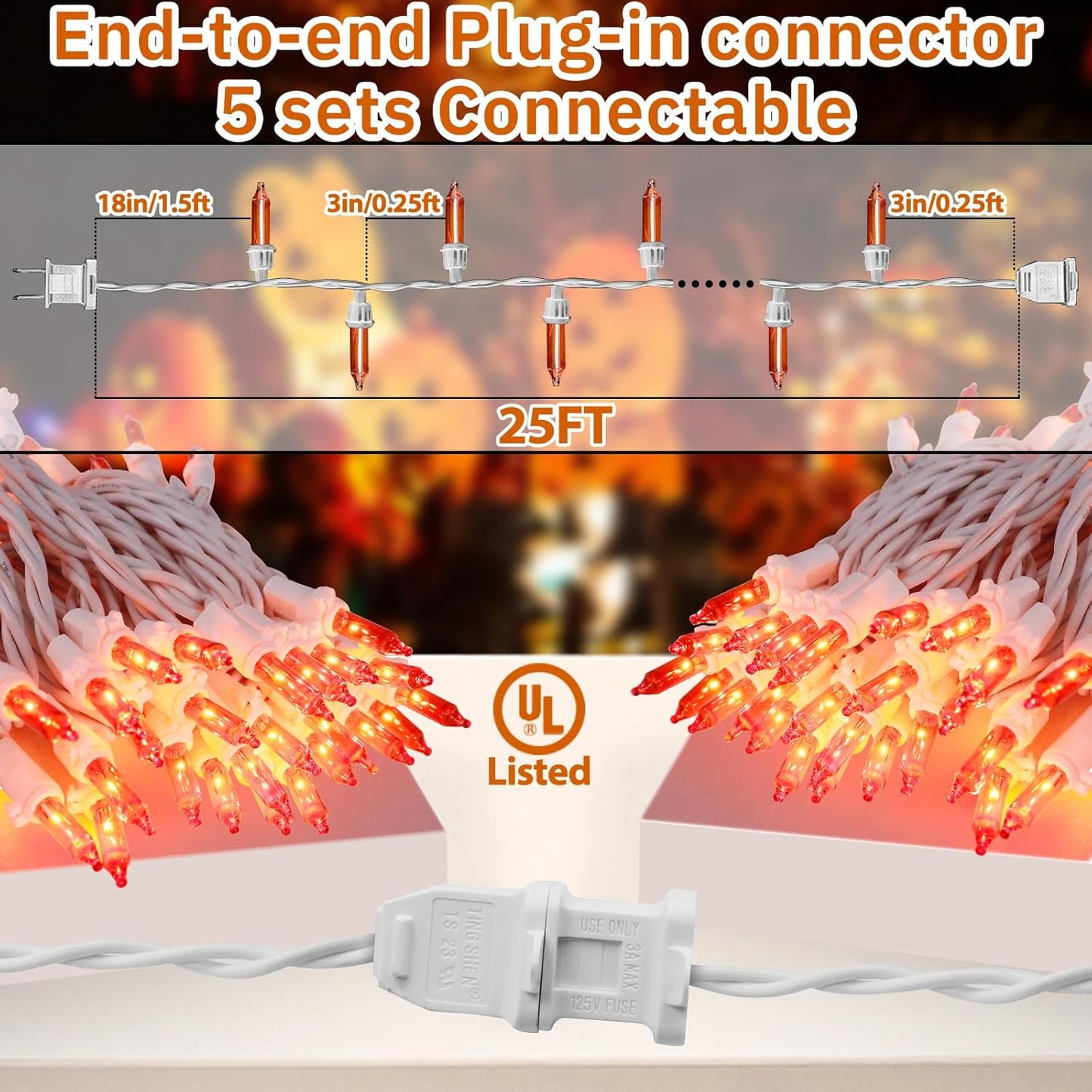 Christmas Mini String Lights Orange, 25FT 100 Count Incandescent Connectable Halloween Lights, UL Listed Waterproof Christmas Decorations for Indoor Outdoor Party Home Garden Decor, White Wire