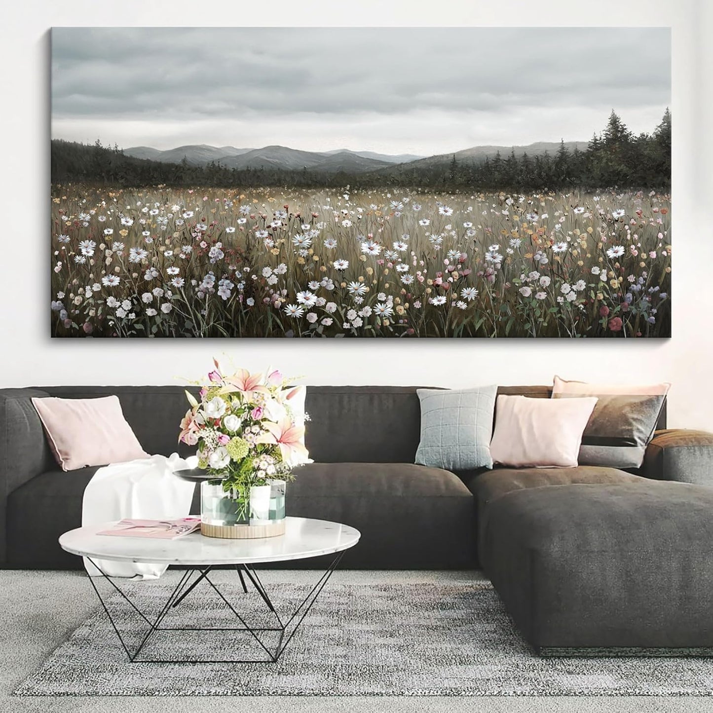 HGUAOA Vintage Framed Floral Landscape Wall Art for Living Room - Large Nature Artwork Above Bed Wall Decor - Farmhouse Mountain Pictures for Bedroom Wall Decor 20×40IN