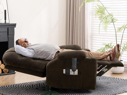 Oversized Dual Motor Lay Flat Power Lift Recliner Chair with Massage, Heating, Lumbar Pillow, USB & Type-C Ports, Textile Lift Chairs Recliners, Large Recliner for Big & Elderly People - Brown