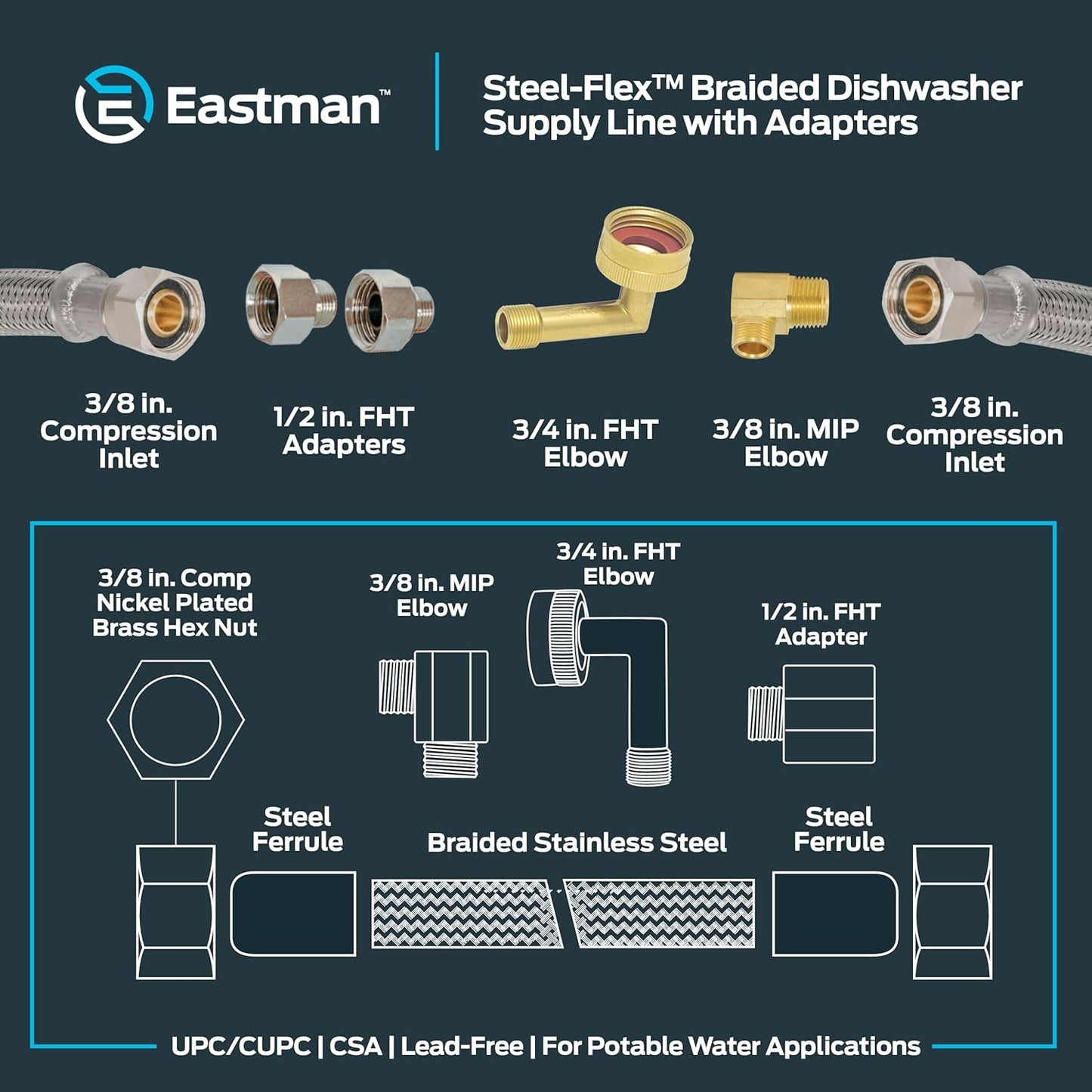 Eastman Dishwasher Installation Kit, 12 Foot Hose with Adapters, 3/8 Inch MIP x 3/4 Inch FHT Elbows, Braided Stainless Steel Connectors, 69008