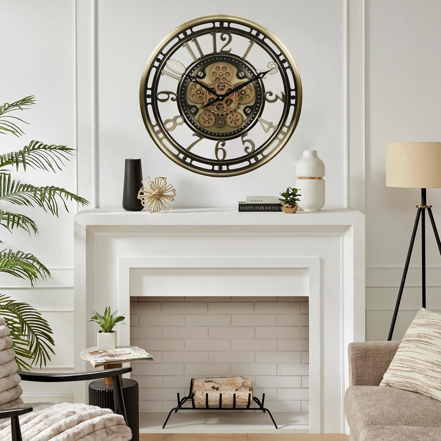 CLXEAST 21 Inch Industrial Moving Gears Wall Clock,Modern Farmhouse Arabic Numeral Battery Operated Silent Wall Clock for Living Room Decor,Brushed Gold,House Warming Gifts New Home